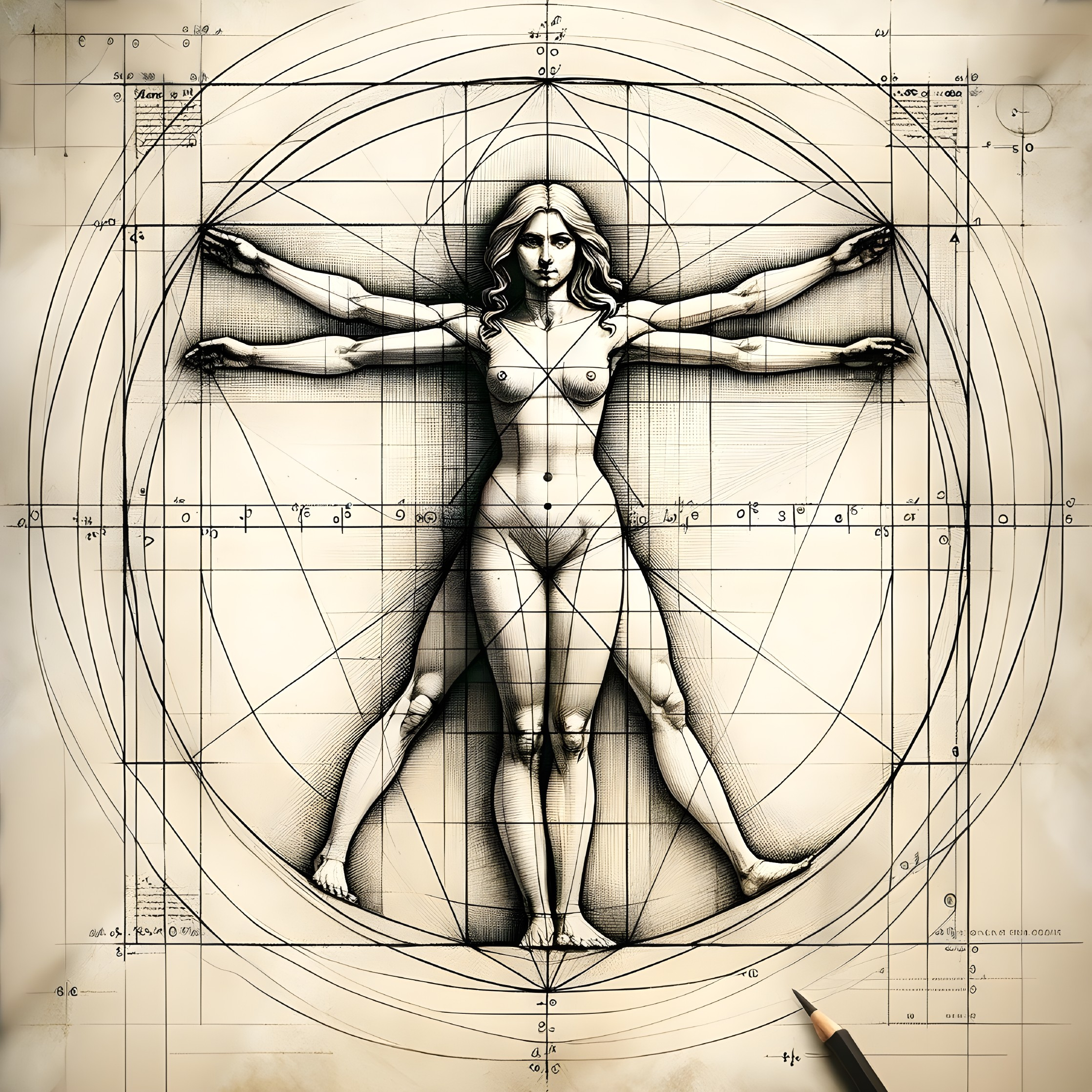 Stylized human figure merges with geometric designs on parchment paper