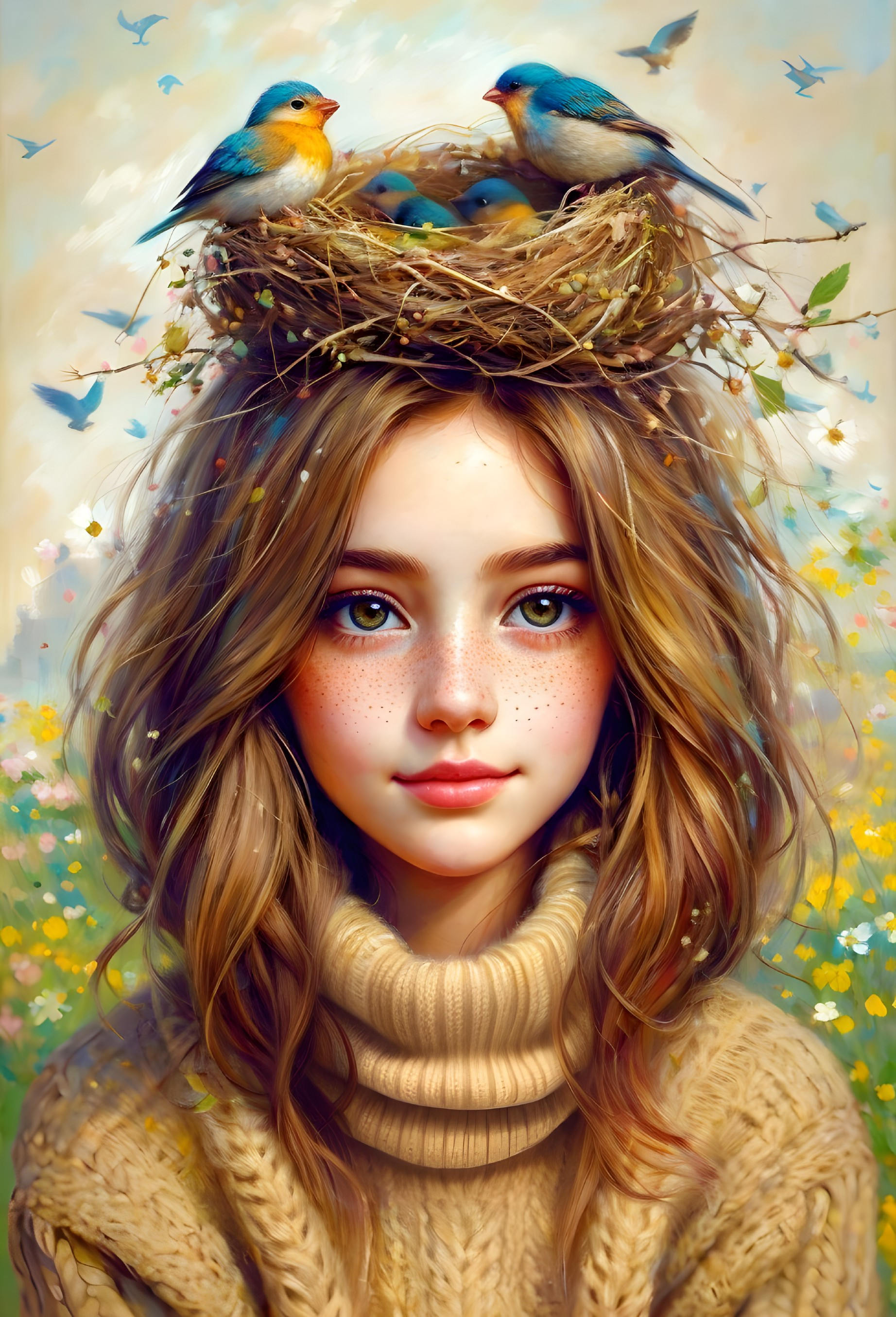 Young girl in meadow with bluebirds and flowers