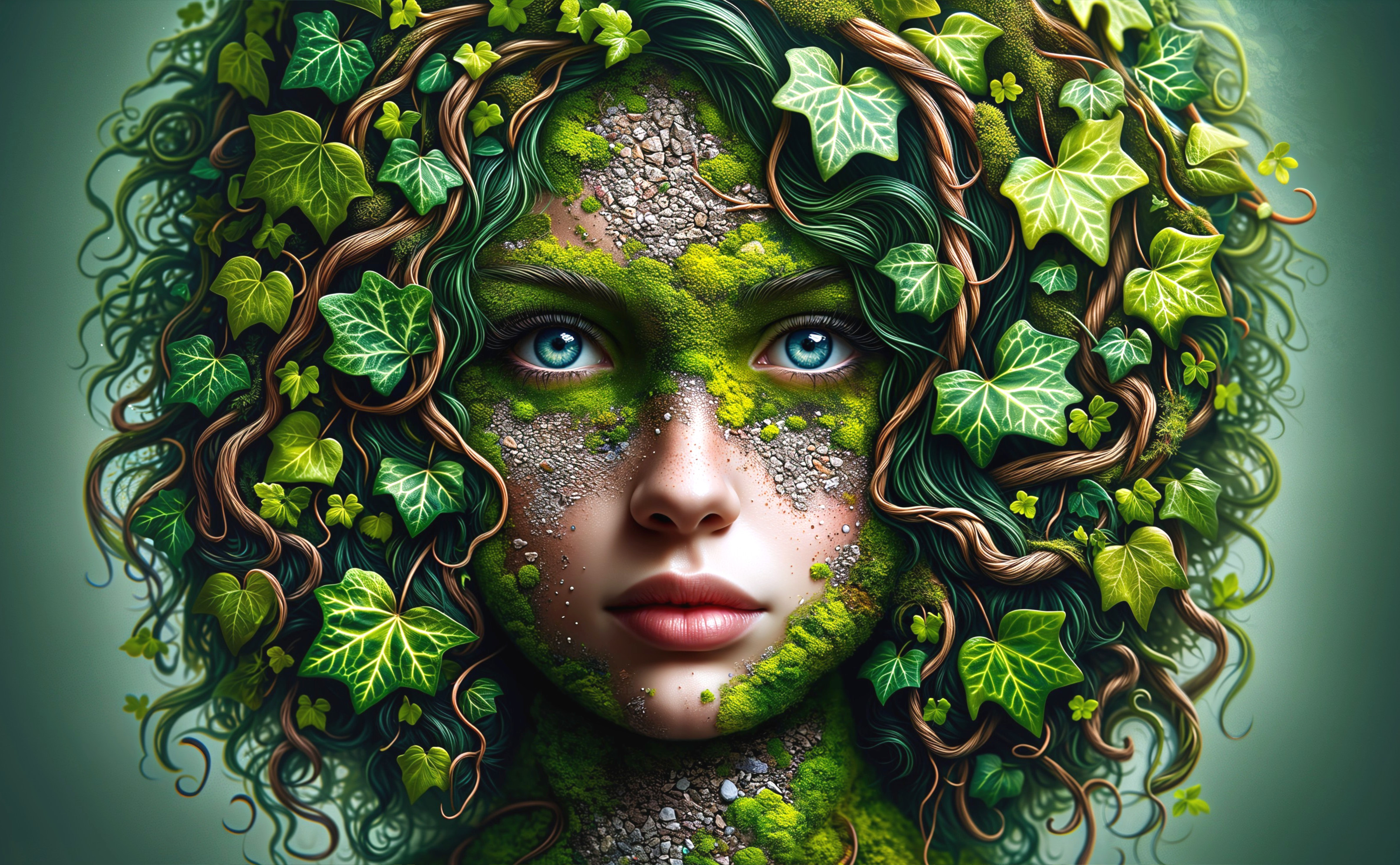 Ethereal Portrait of Woman Merged with Nature Elements