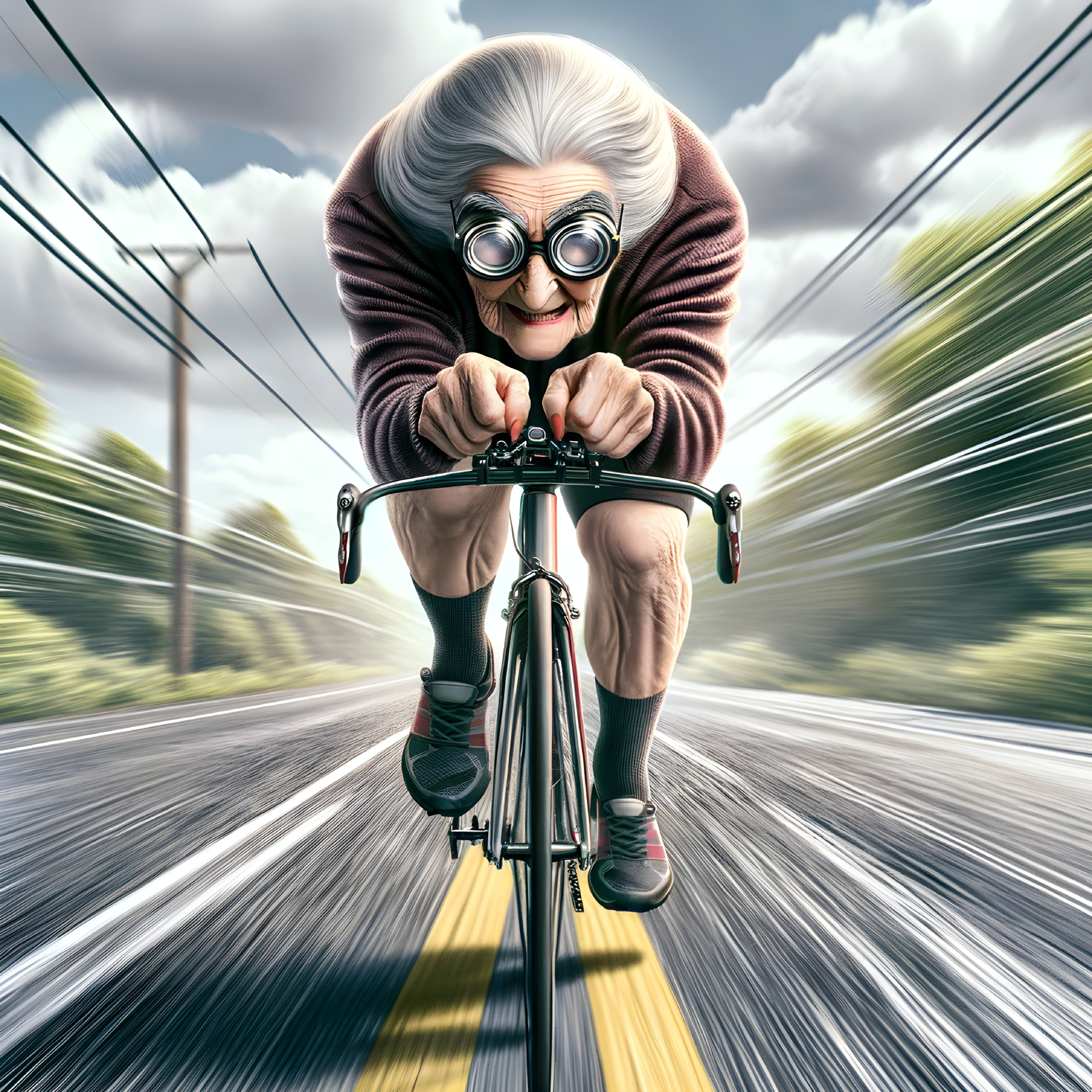 Elderly Woman with Gray Hair Riding Racing Bicycle
