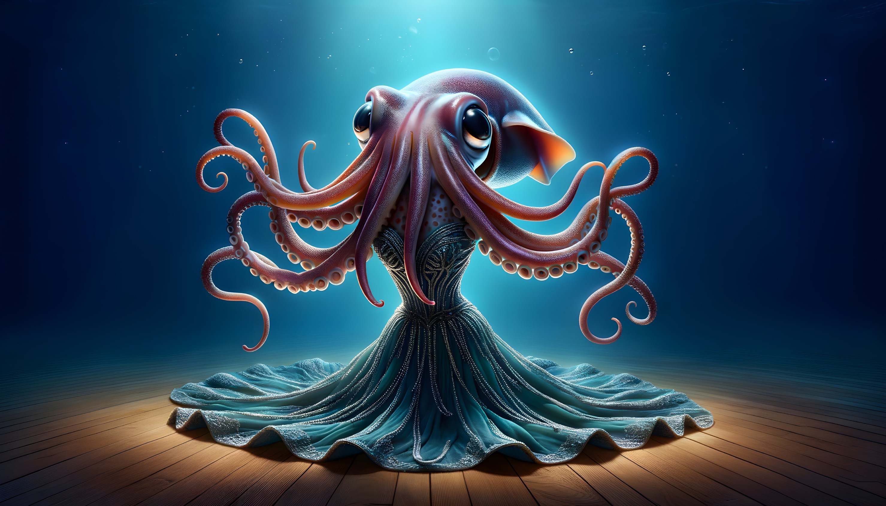 Octopus with humanoid features on wooden stage in underwater scene