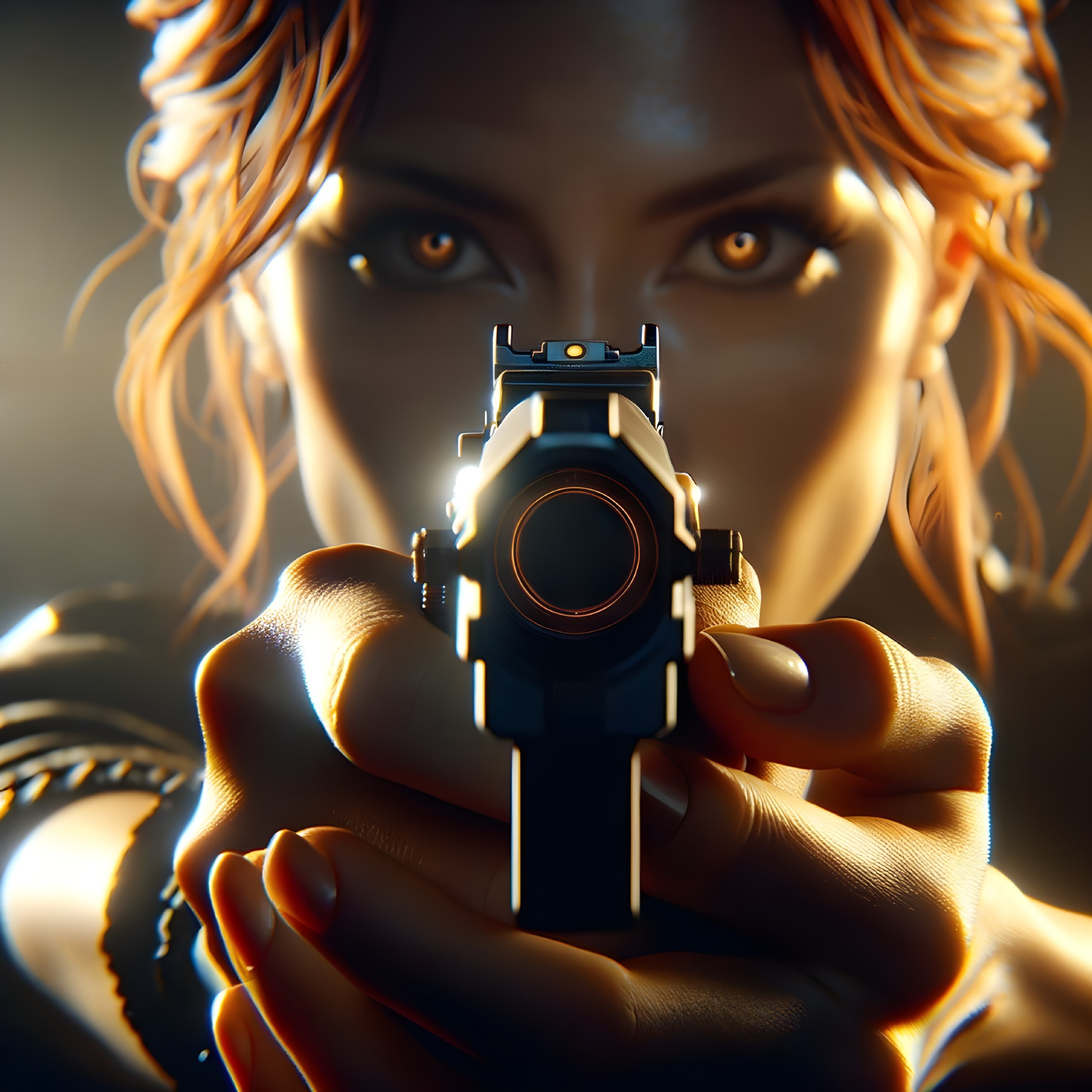 Intense-eyed woman aiming handgun in dimly lit setting