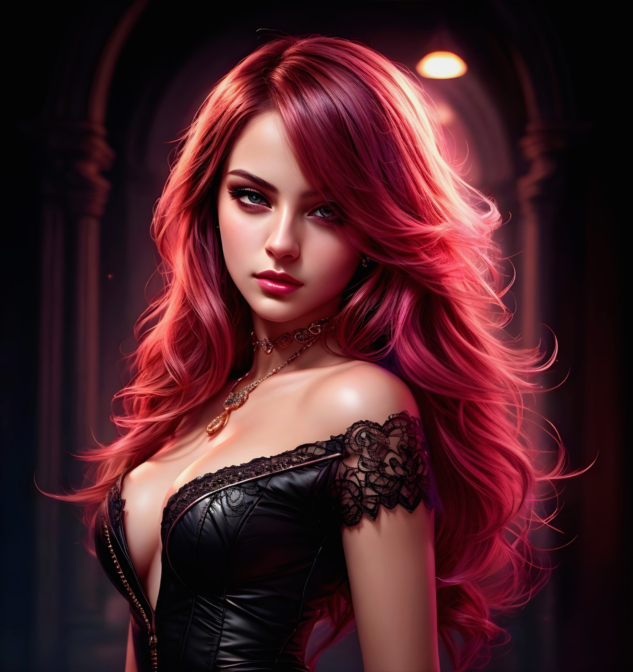 Striking Woman with Pink Hair and Black Corset