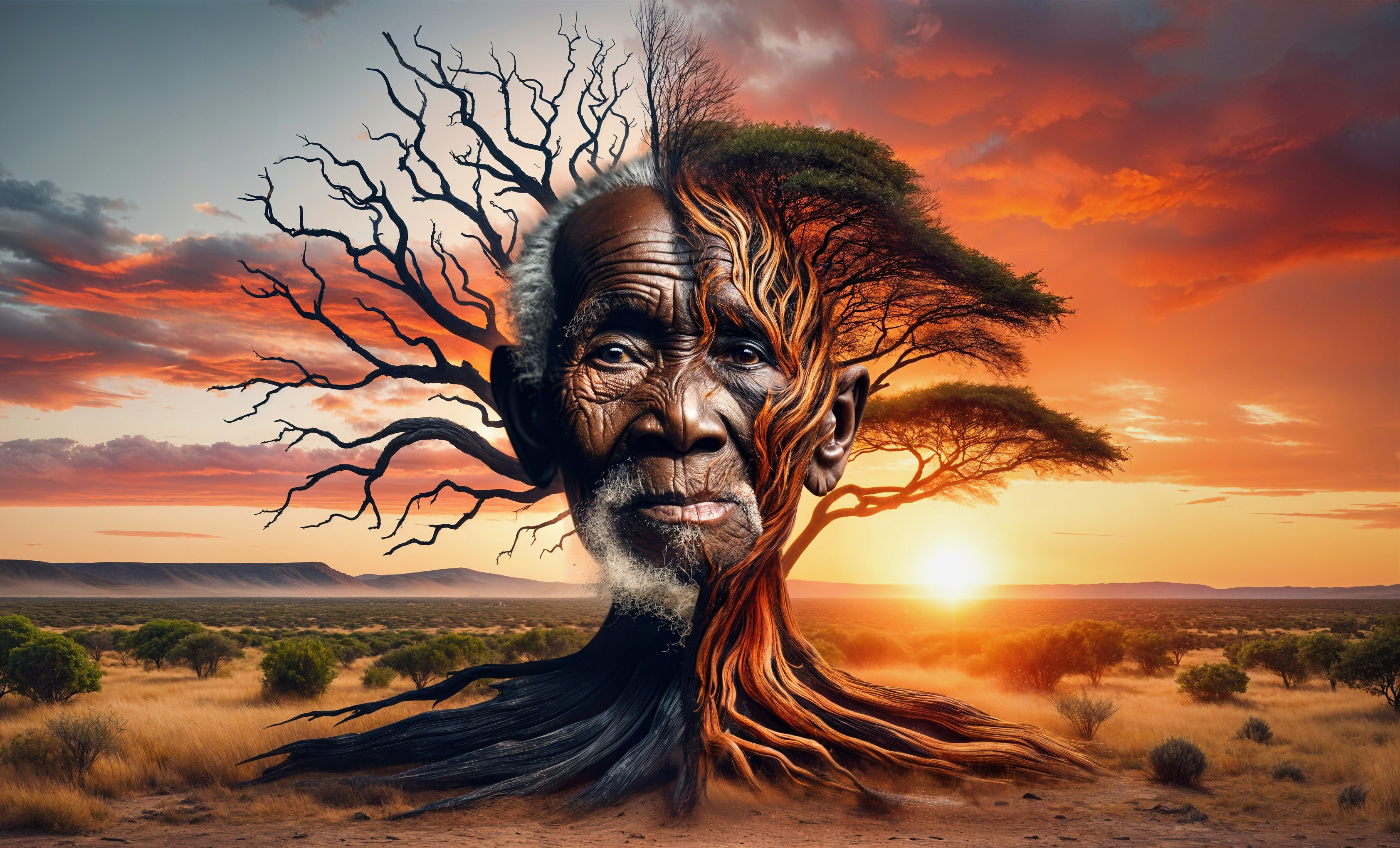 Elderly Man's Face Merged with a Gnarled Tree