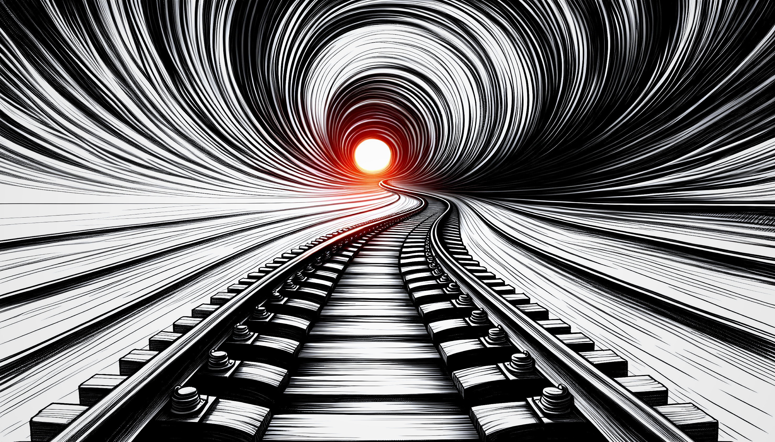 Curving Railway Track Leading to a Bright Tunnel Light