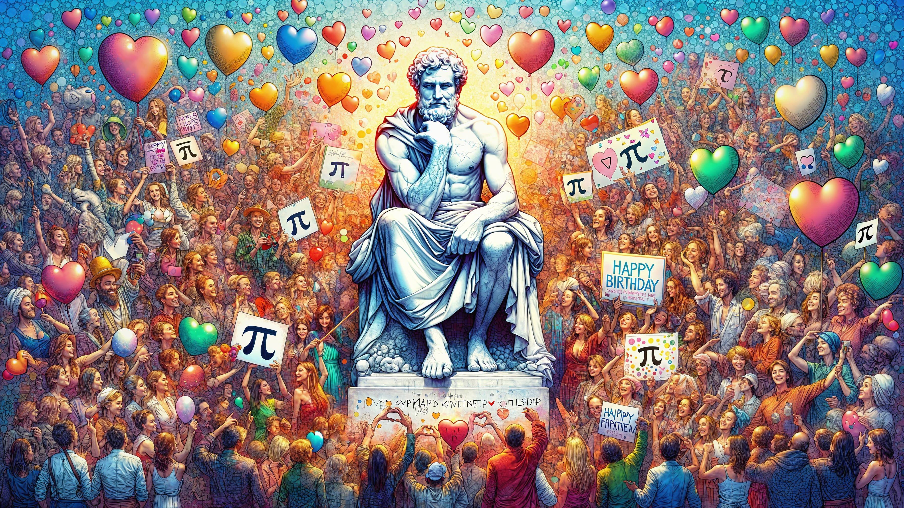 Statue of Philosopher Amidst Colorful Celebration
