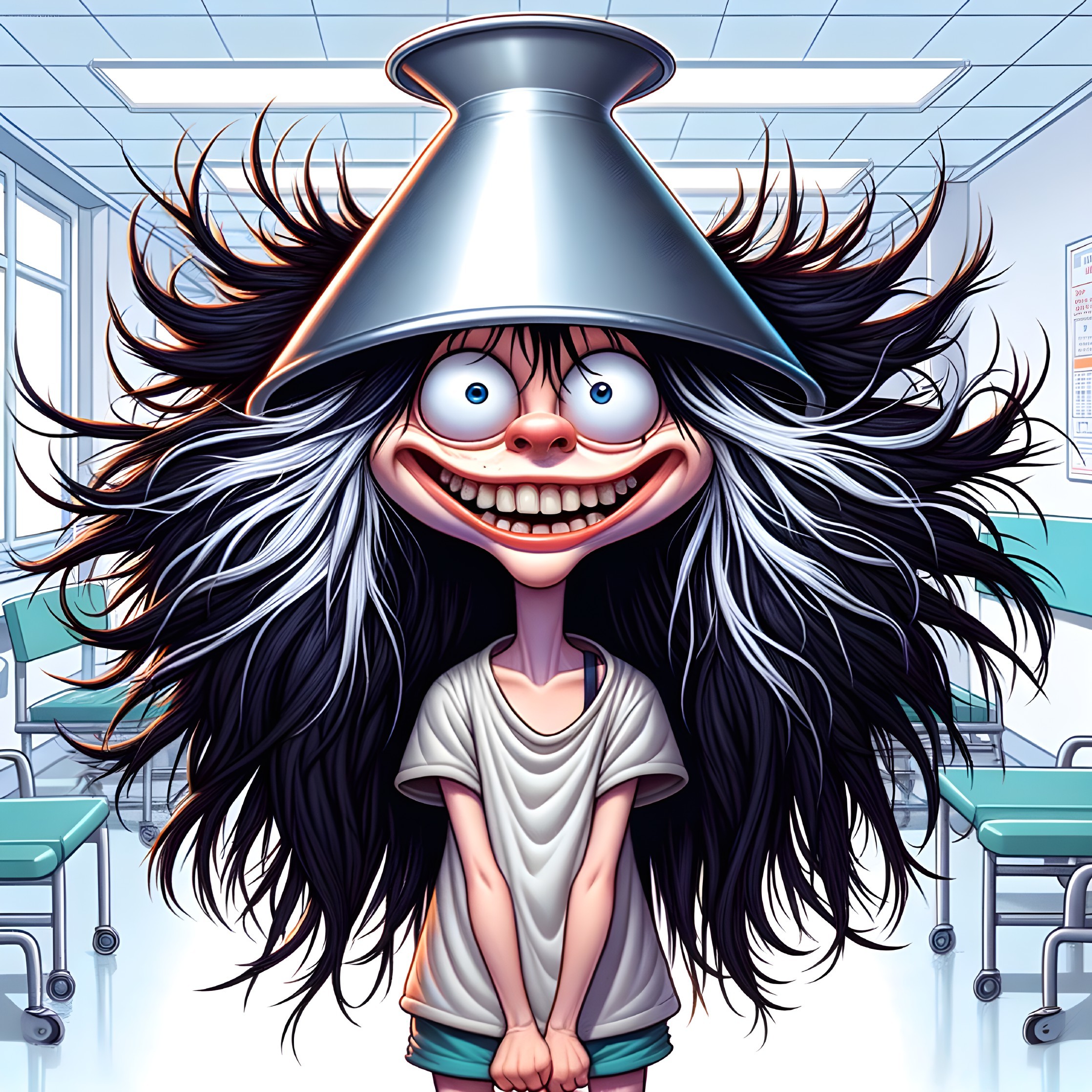 Exaggerated cartoon girl with upside-down funnel hat in clinical scene