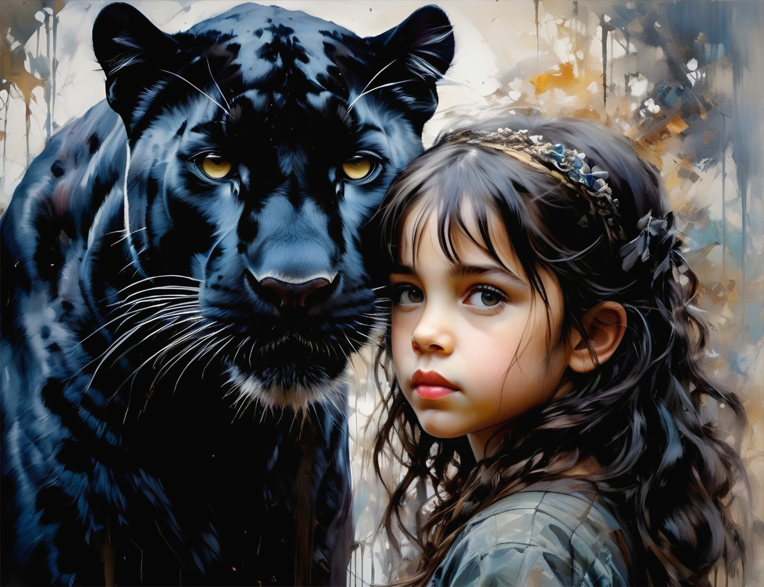 Young girl and black panther share intense gaze