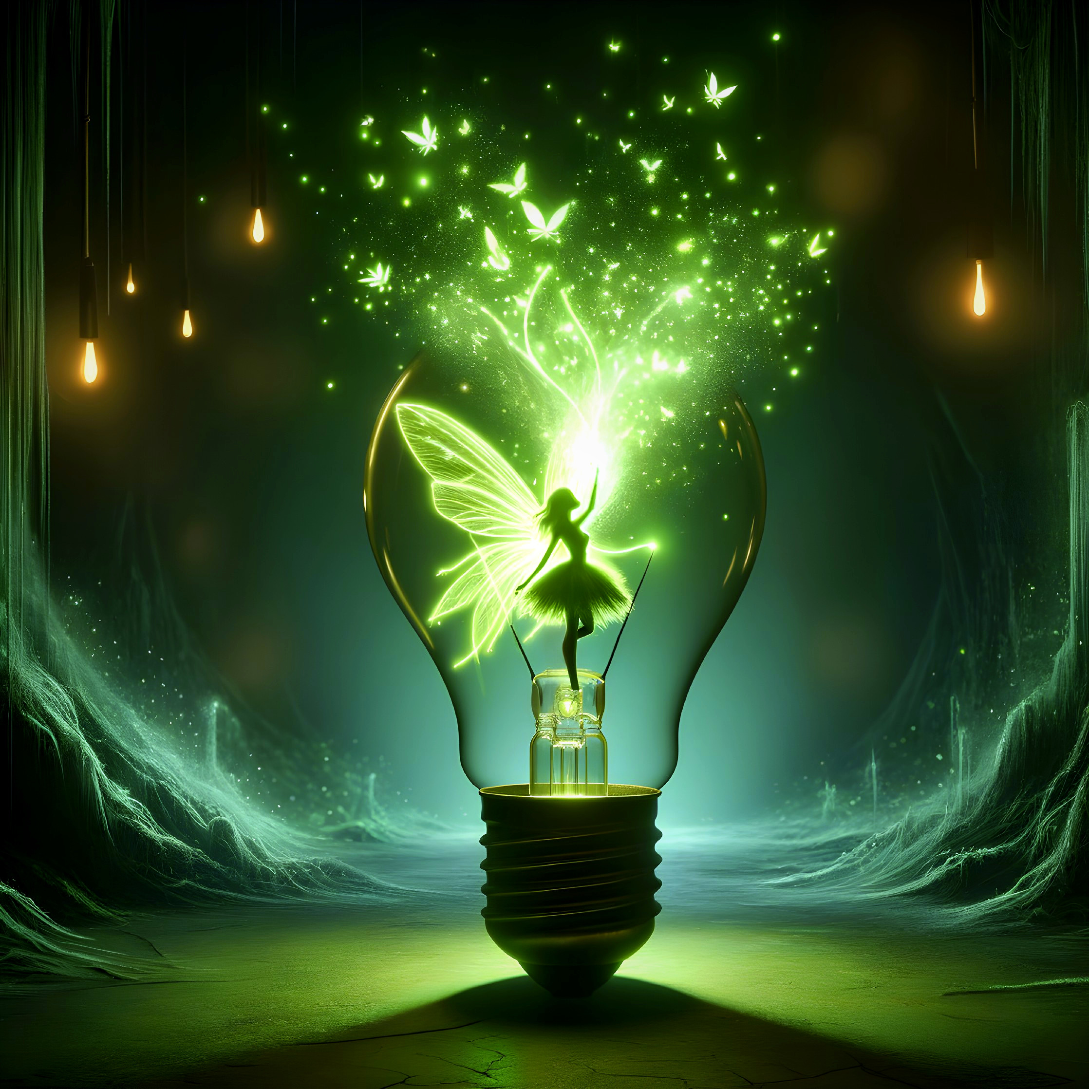 Glowing fairy in light bulb with green butterflies and vintage bulbs in forest setting
