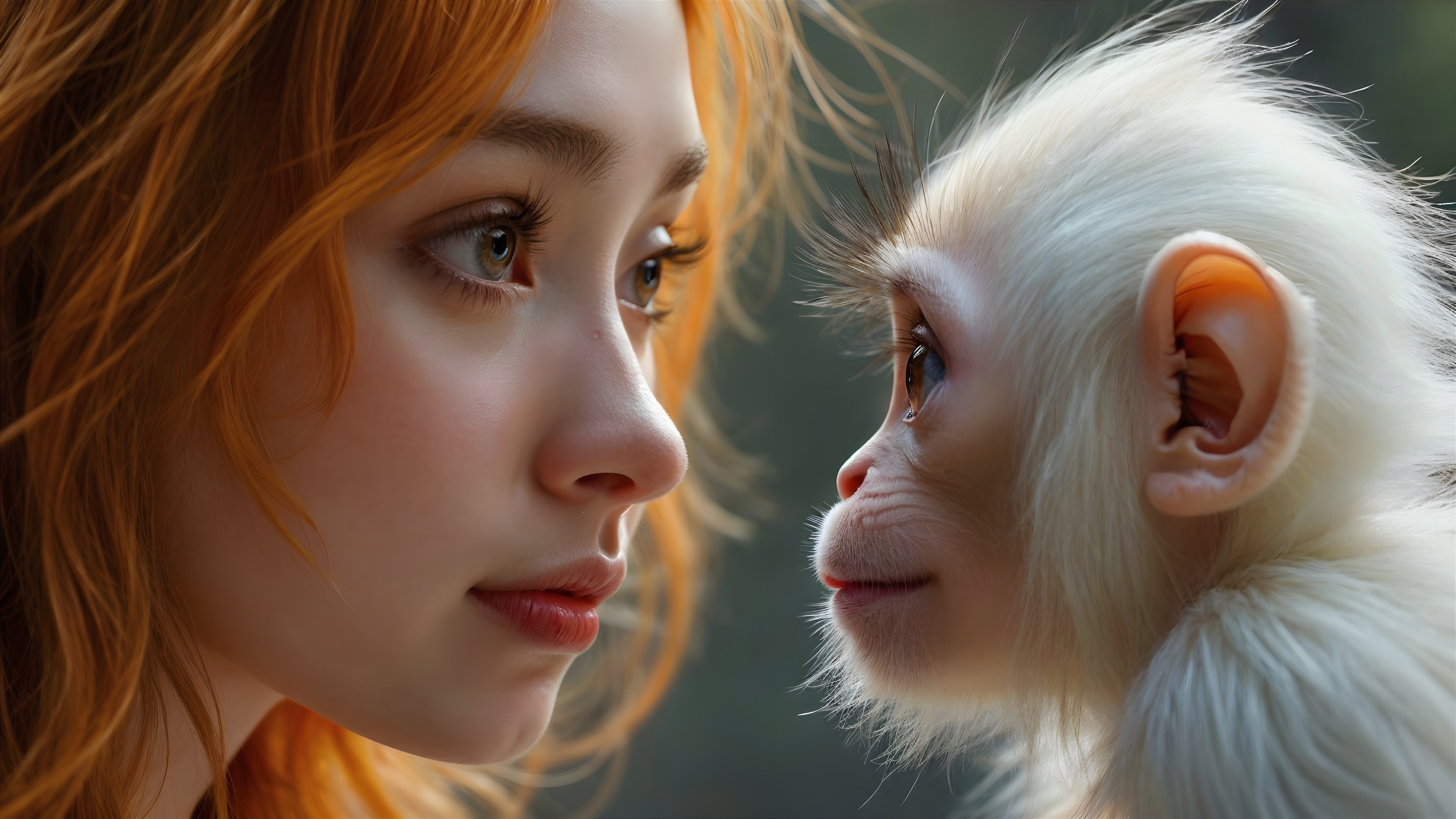 Close-Up of Young Woman and White Monkey Interaction