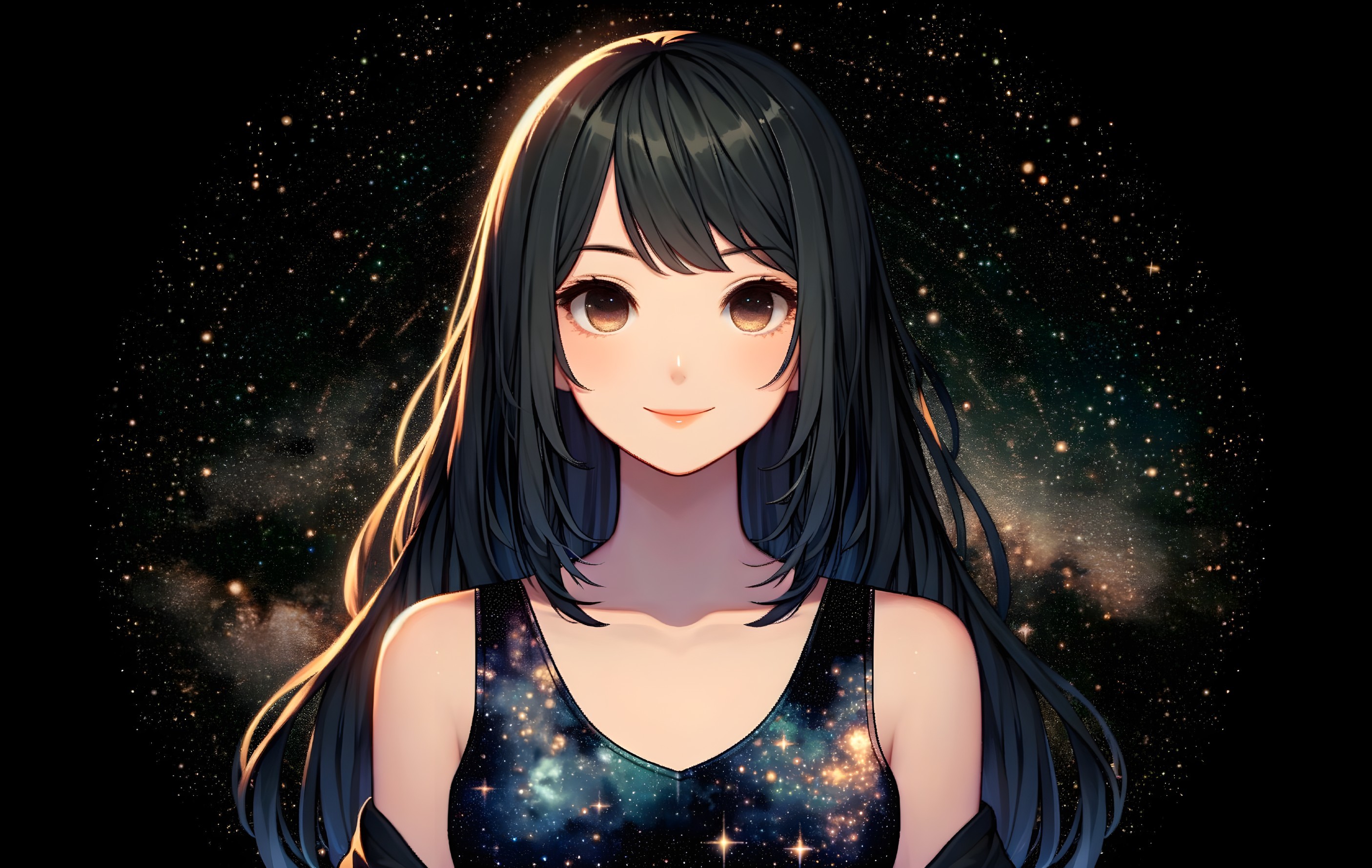 Smiling girl with black hair surrounded by sparkling stars on a starry night sky background