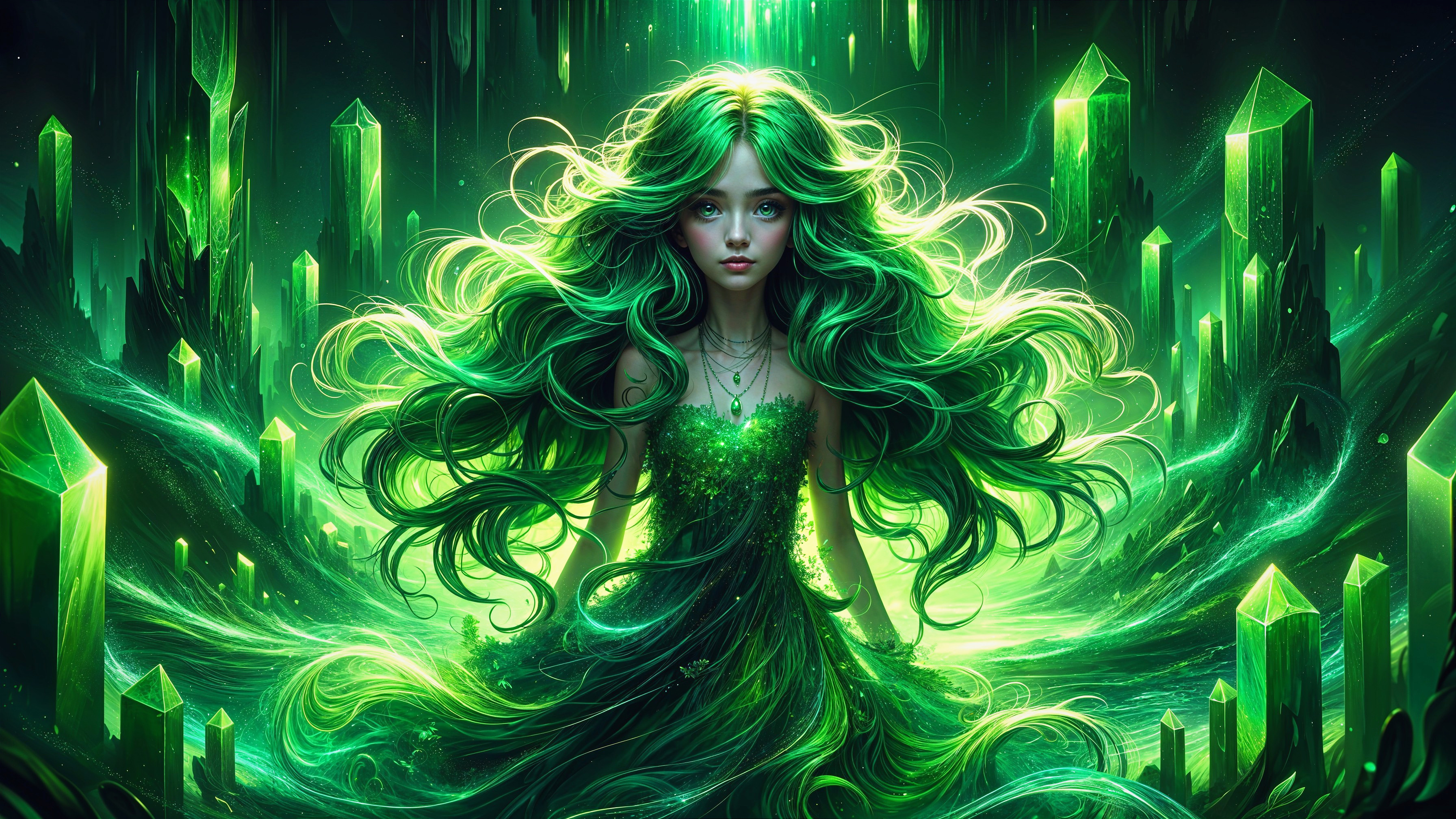 Mystical figure in surreal landscape with emerald crystals
