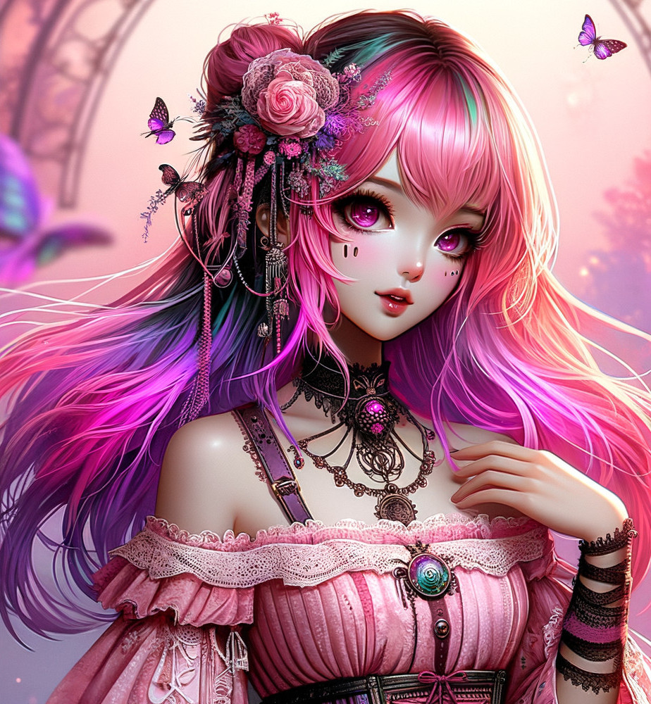 Fantastical character with vibrant pink and purple hair