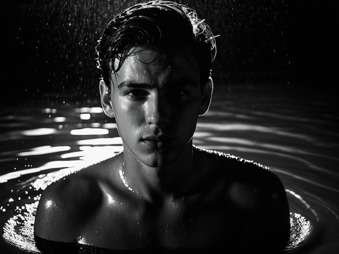 Black-and-white portrait of a young man in water