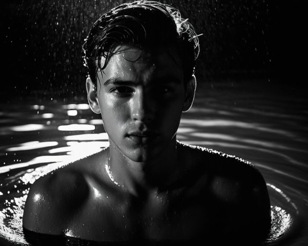 Black-and-white portrait of a young man in water