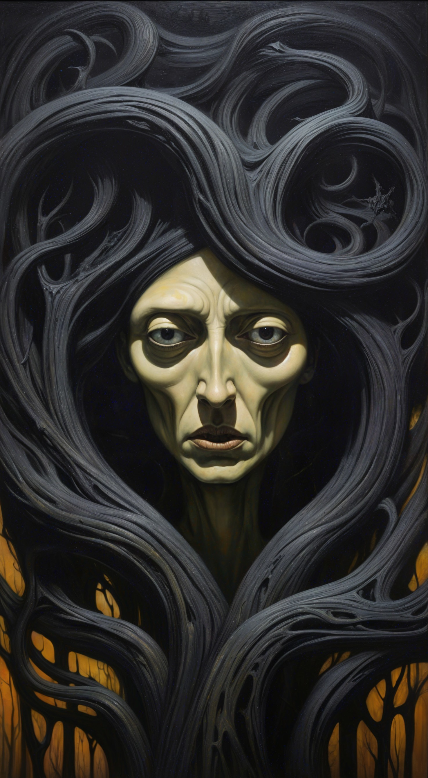 Haunting Artwork of Woman with Intense Gaze and Dark Tones