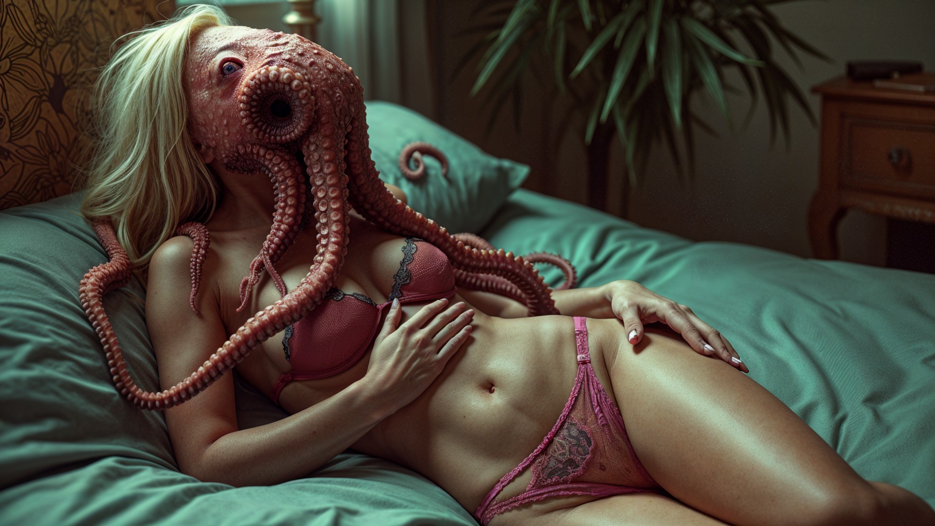 Surreal Scene of Woman with Octopus Head in Bed
