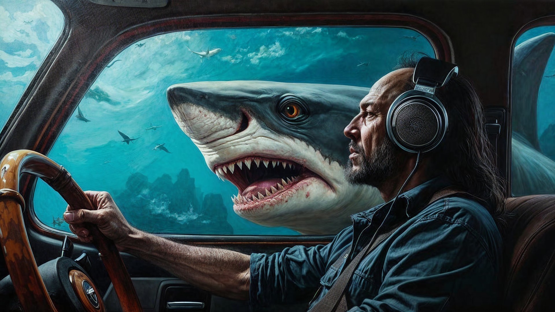 Man in Vintage Car with Great White Shark Outside