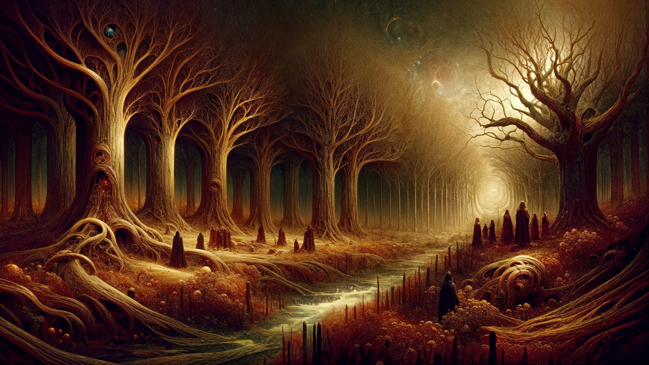 Mystical forest with ancient trees and serene river