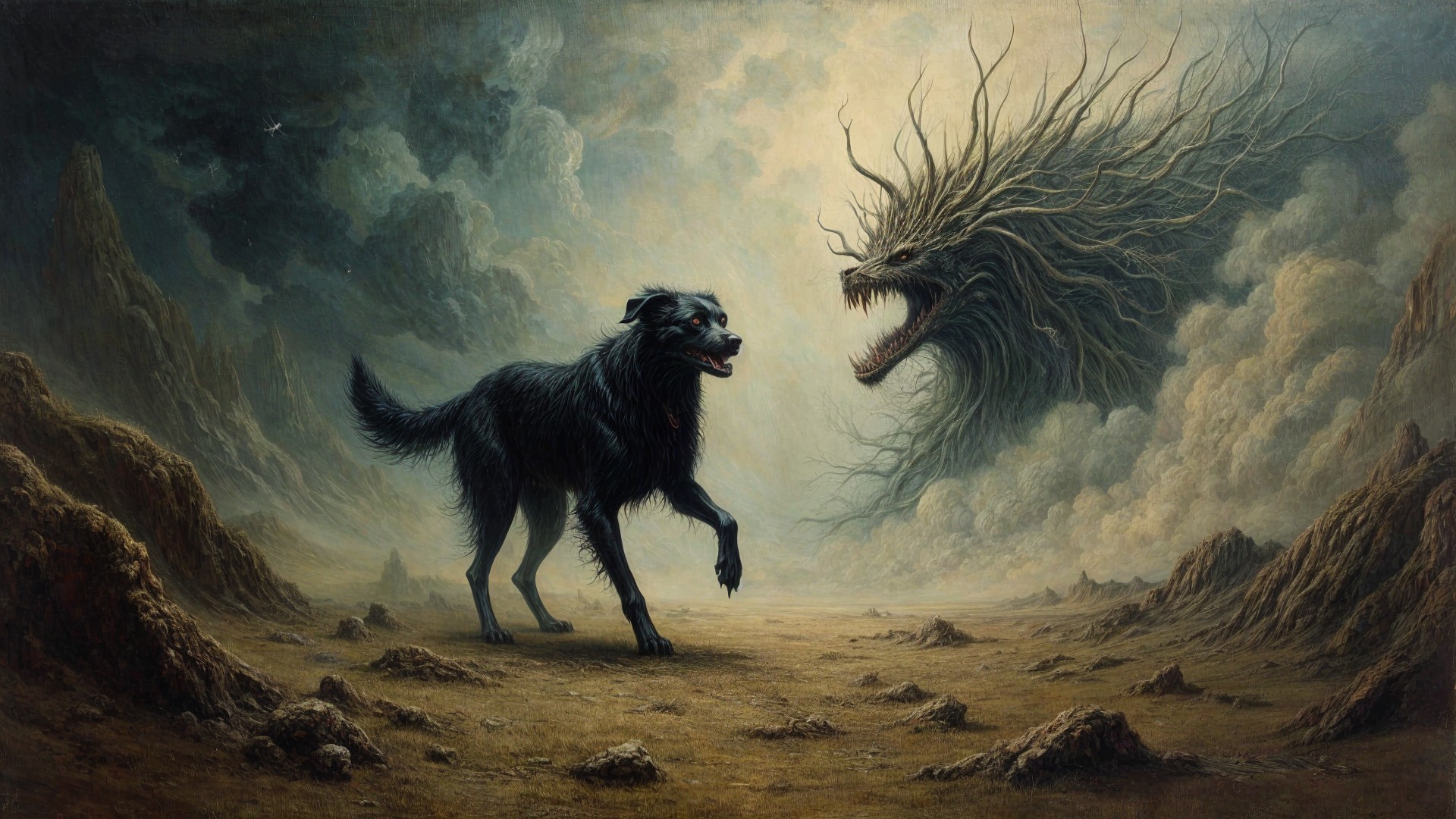 Black Dog Confronts Monstrous Cloud-Like Creature