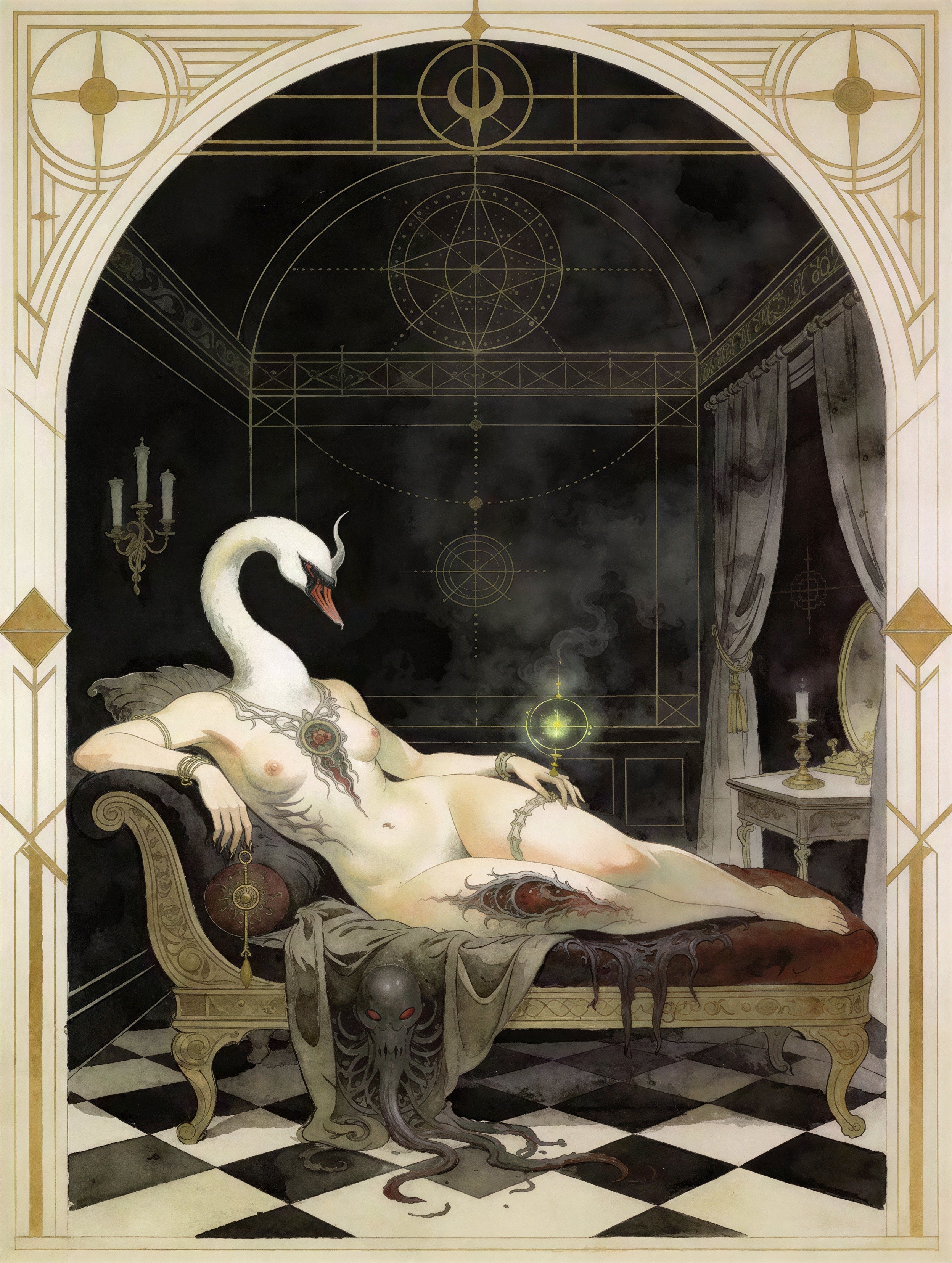 Watercolor Painting of Swan-Headed Female Figure