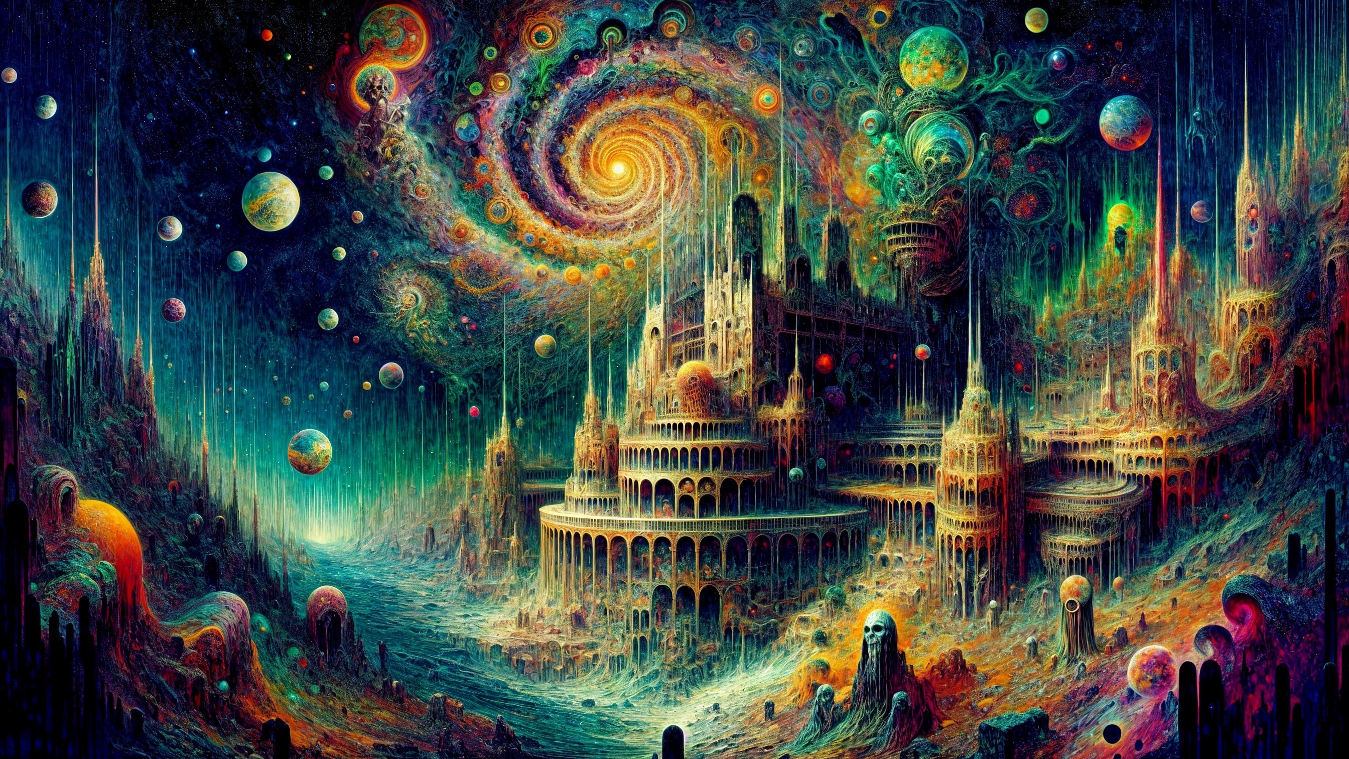 Vibrant Cosmic Landscape with Swirling Galaxy and Planets