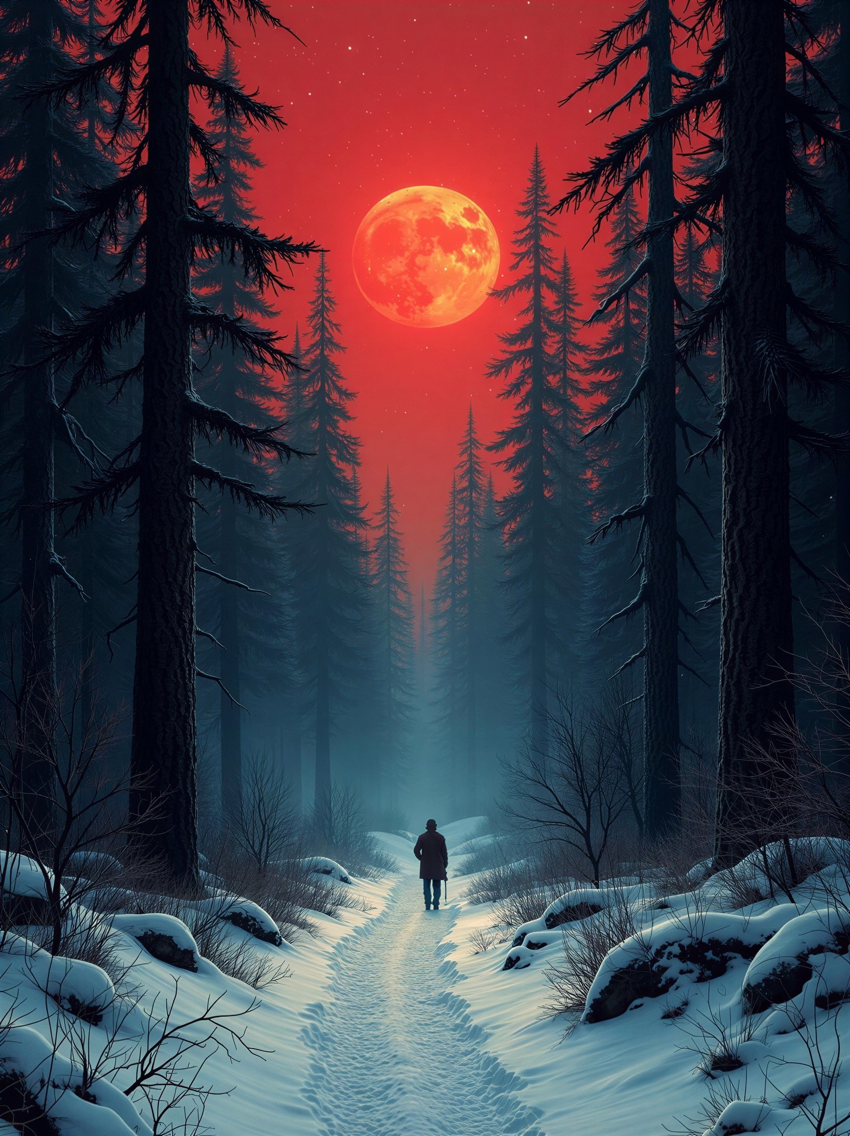 Man Walking on Snowy Path Under Orange Moon
