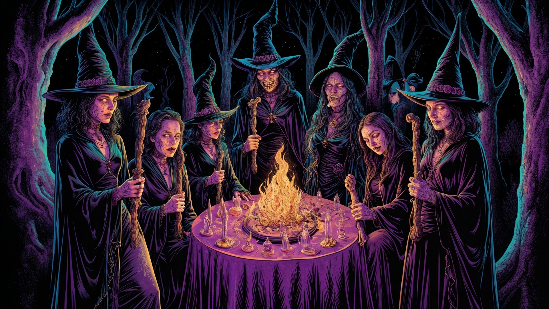 Witches Gather Around Fire in Dark Forest Setting