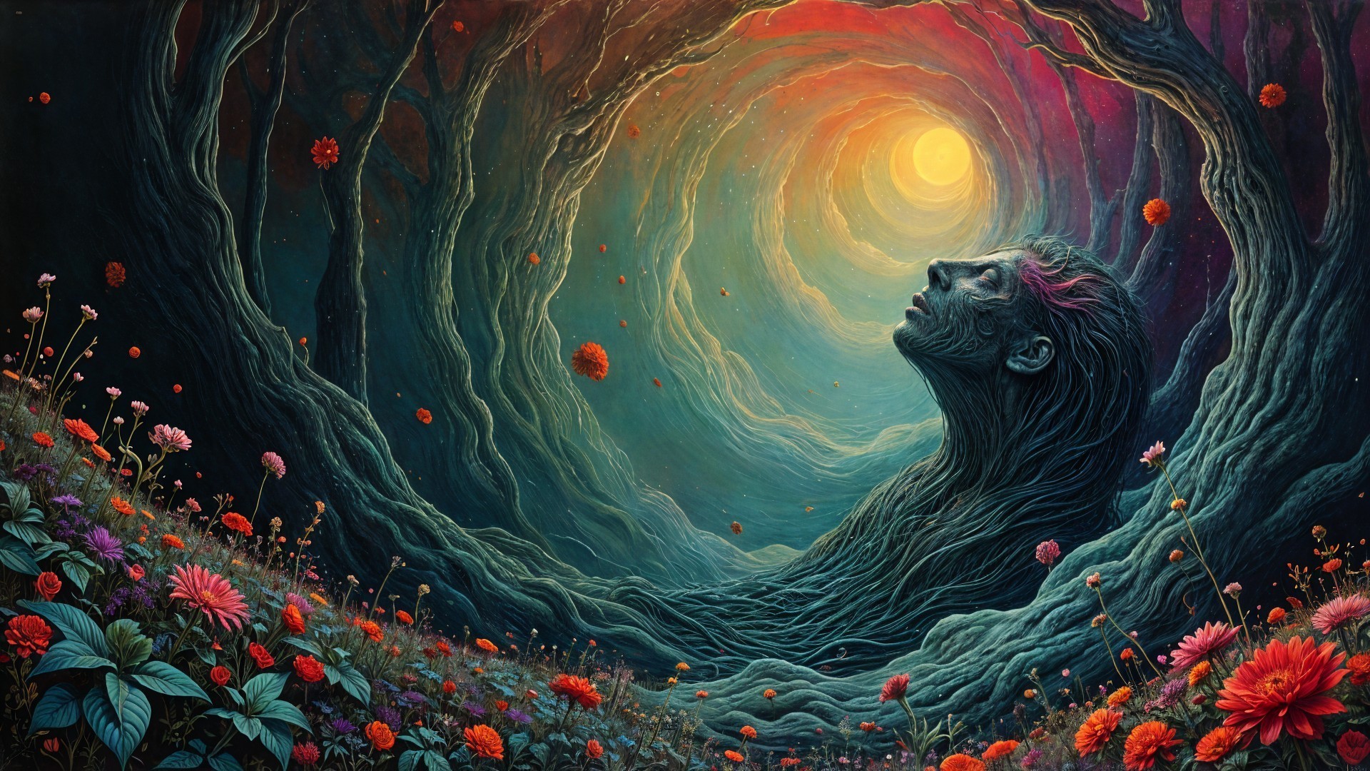 Surreal Forest Scene with Merging Figure and Sun