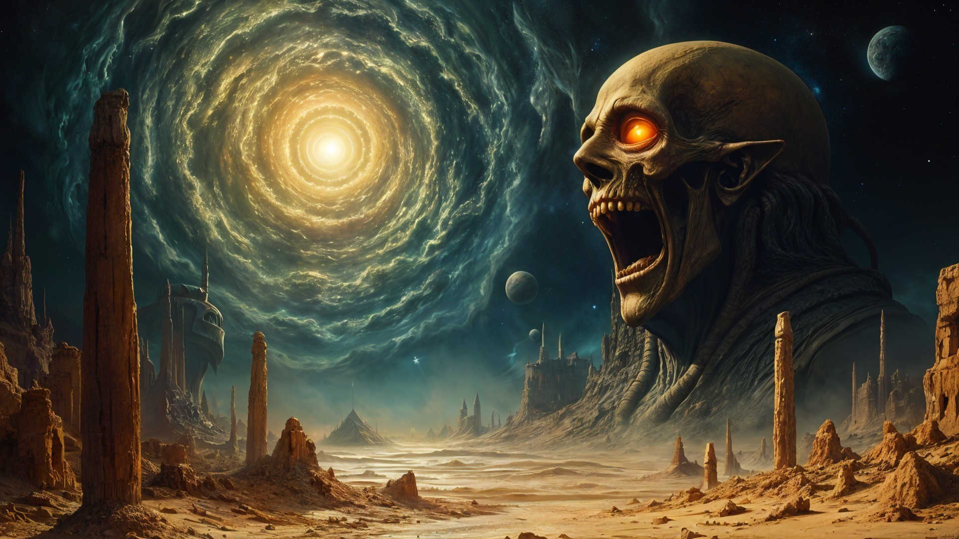Surreal Landscape with Giant Skull and Cosmic Vortex