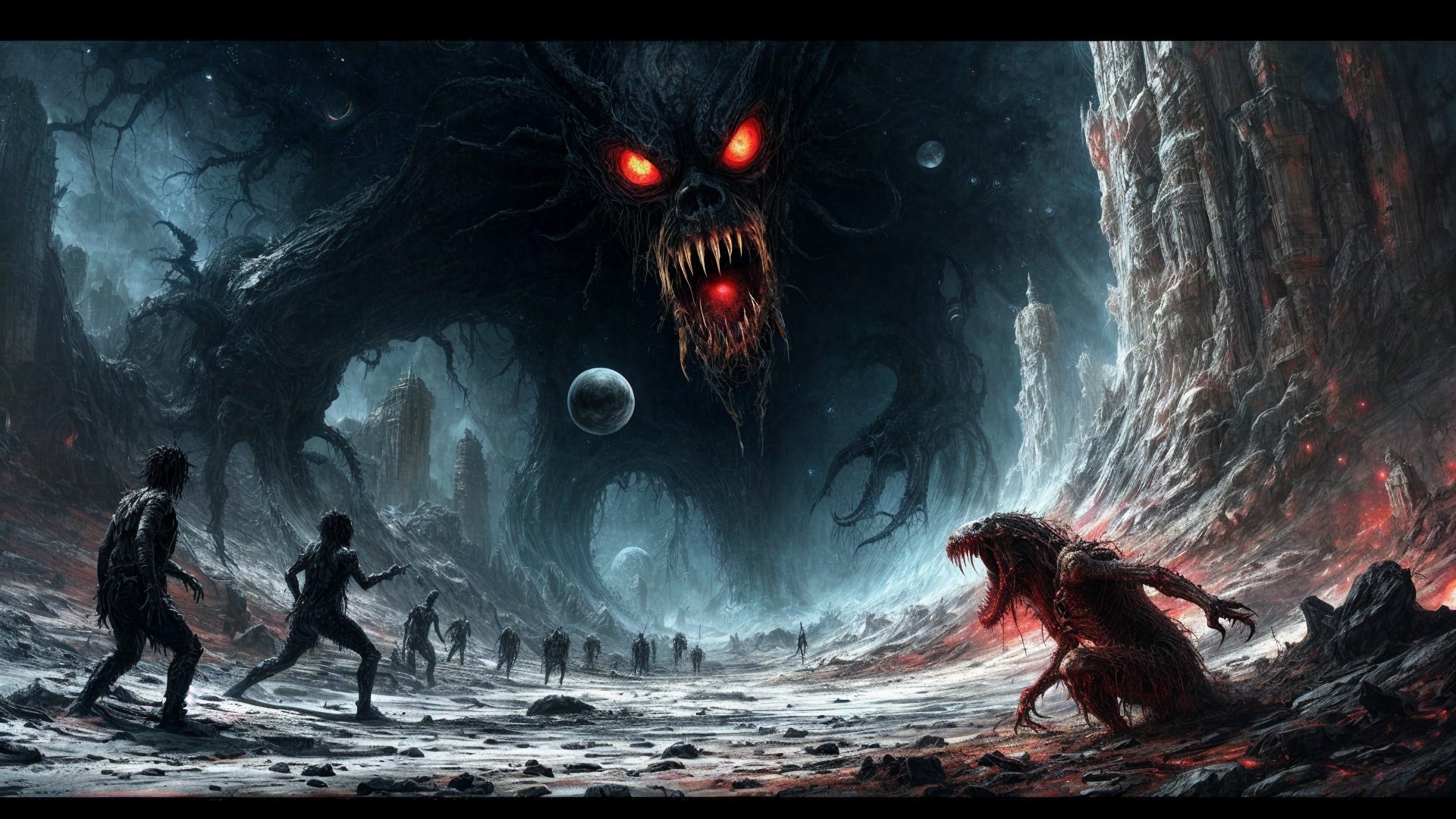 Ominous Landscape with Shadowy Figures and Creature