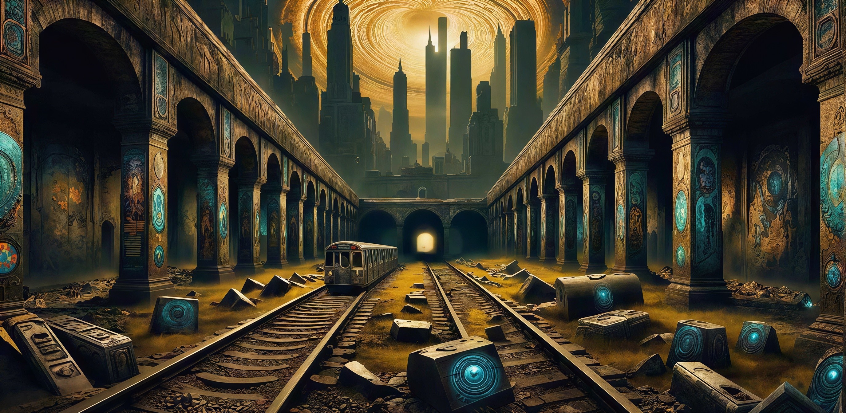 Abandoned railway tunnel with subway car and glowing patterns