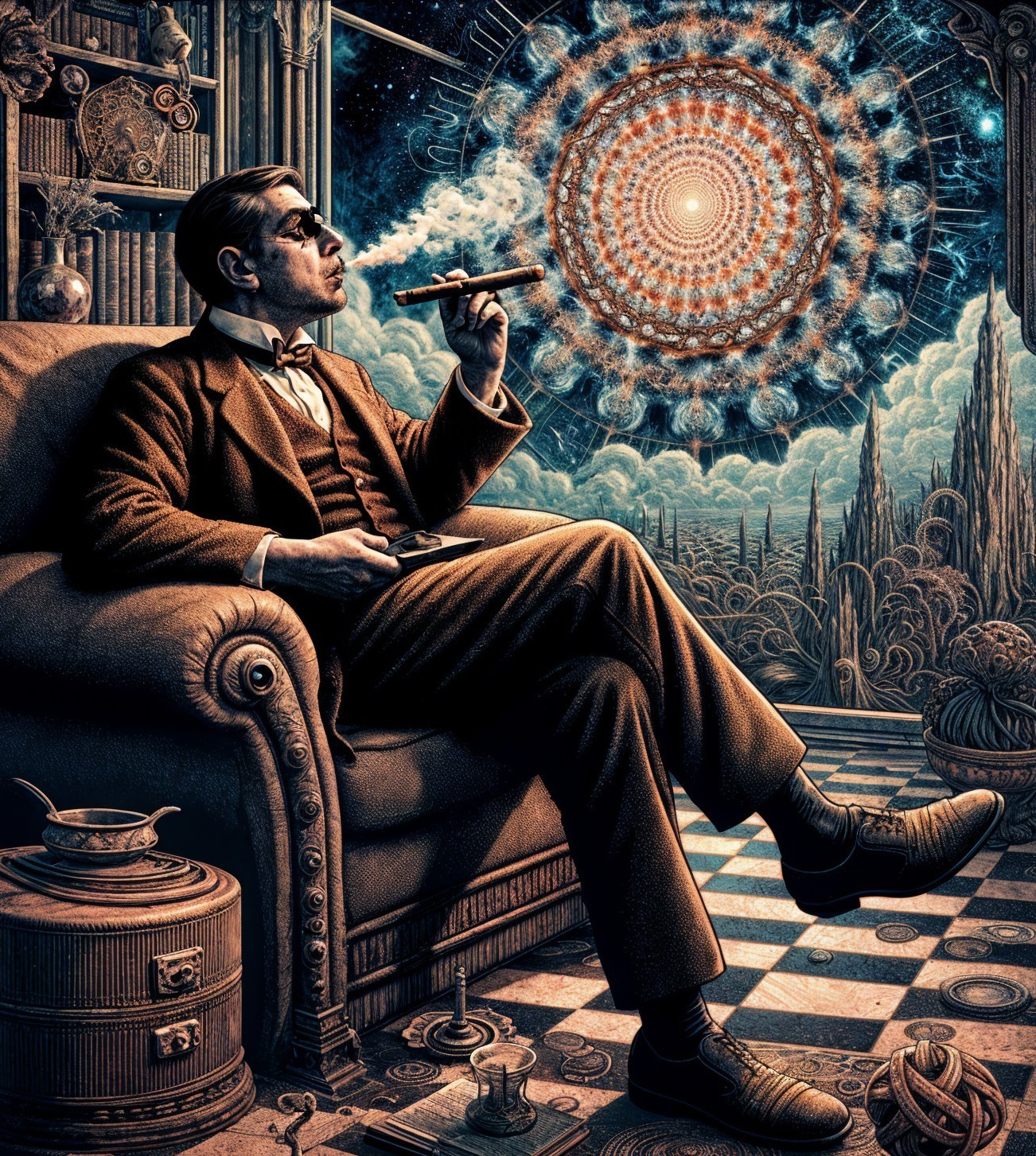 Well-Dressed Man in Vintage Decor with Mandala Art
