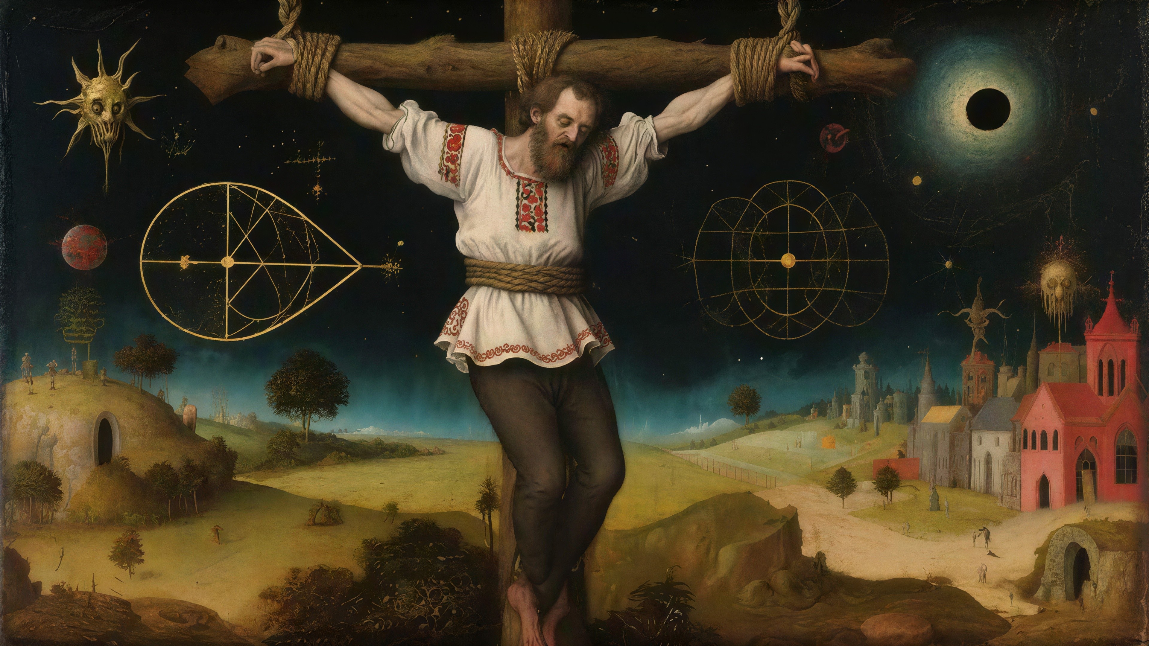 Surrealistic Oil Painting of Jesus on the Cross