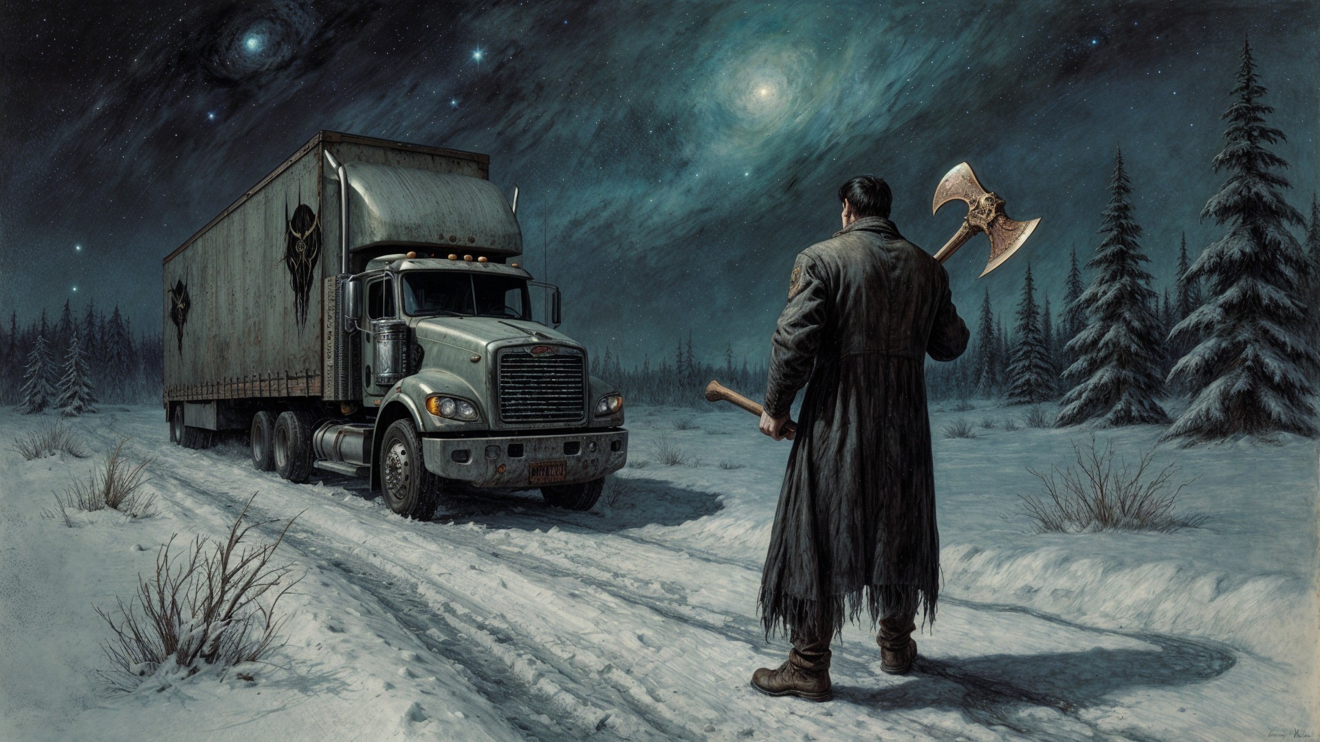 Lone Figure in Snowy Landscape with Truck and Stars