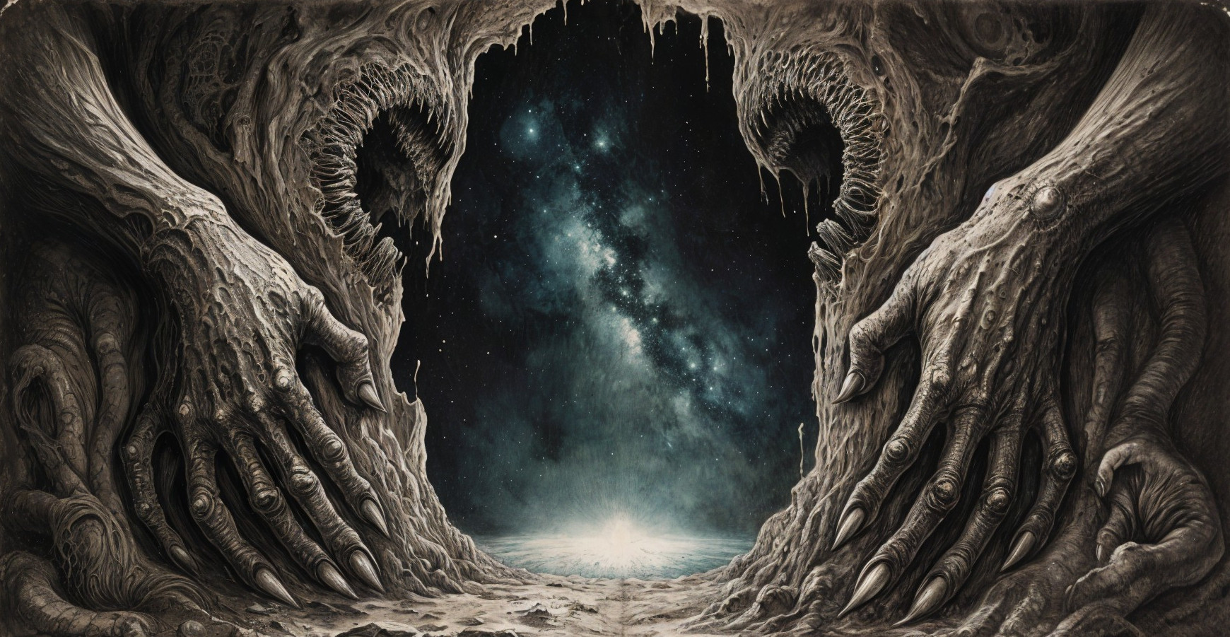 Surreal Scene with Grotesque Hands and Cosmic Portal