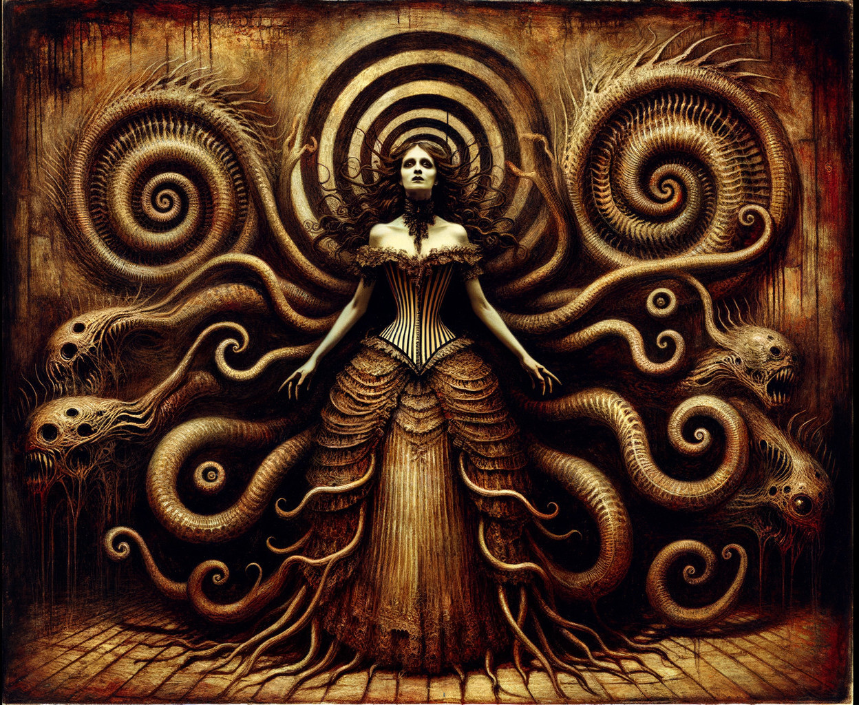 Woman in Dark Gown Surrounded by Abstract Forms