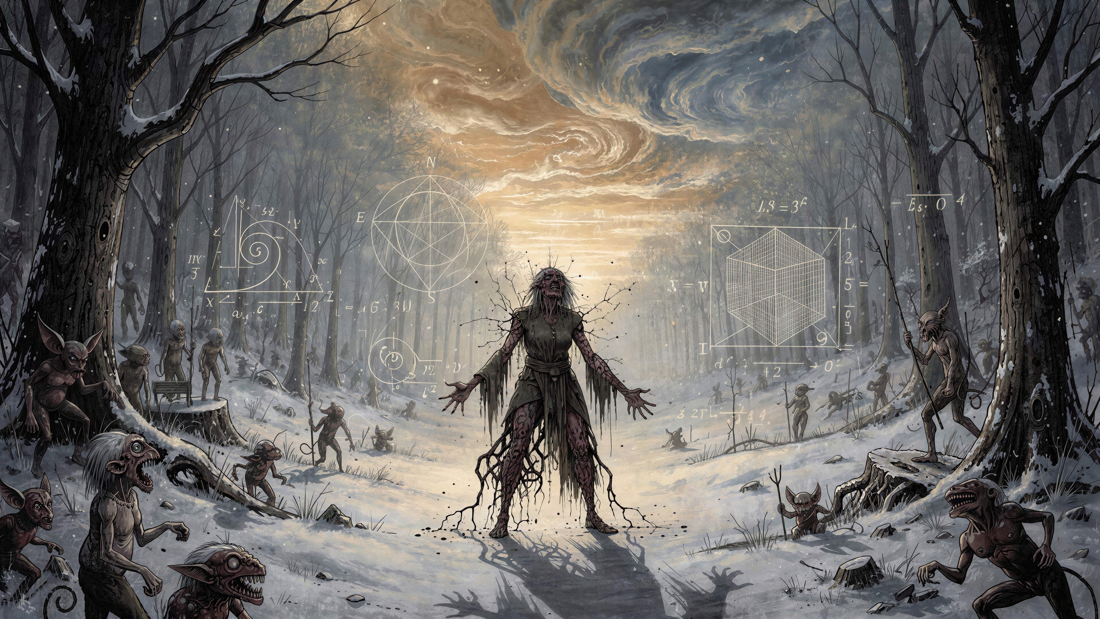 Eerie Digital Painting of a Snowy Forest with Creatures