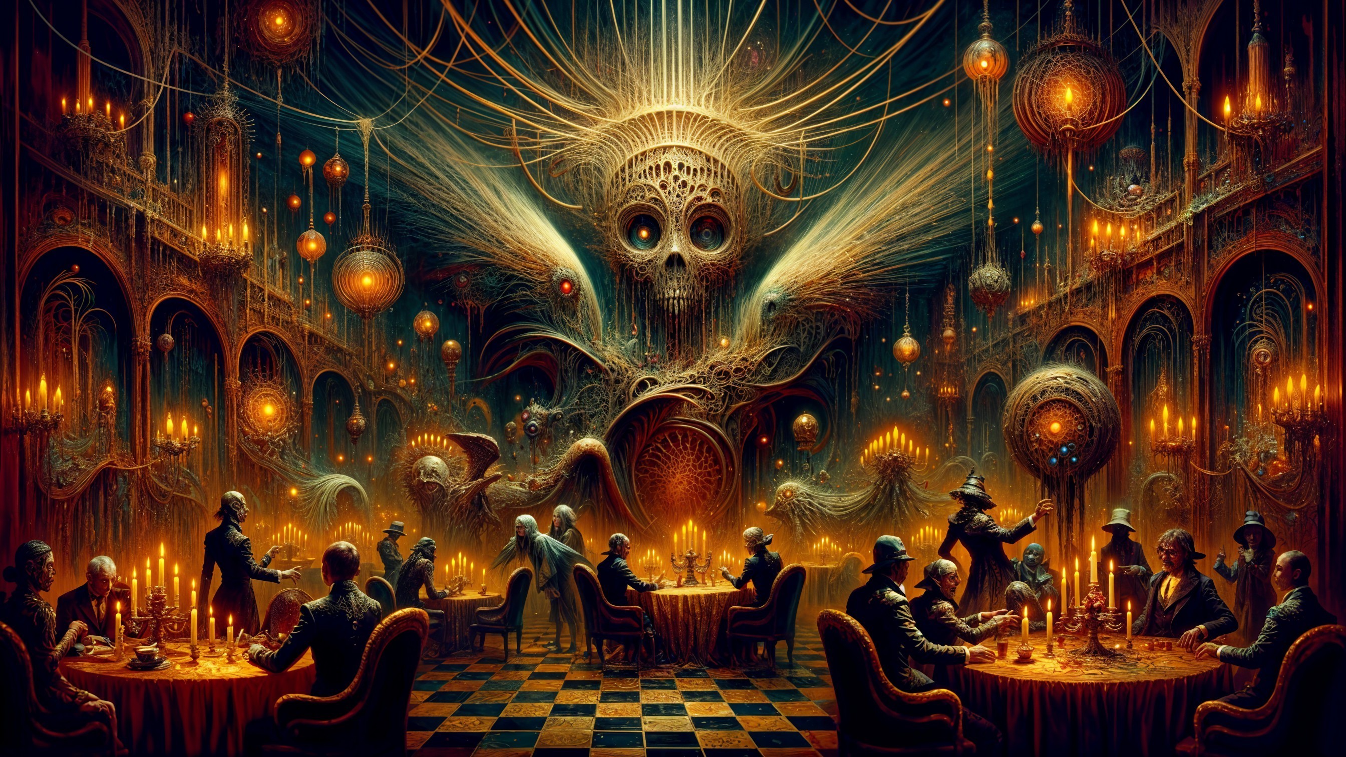 Surreal Grand Hall with Elegant Figures and Dark Entity