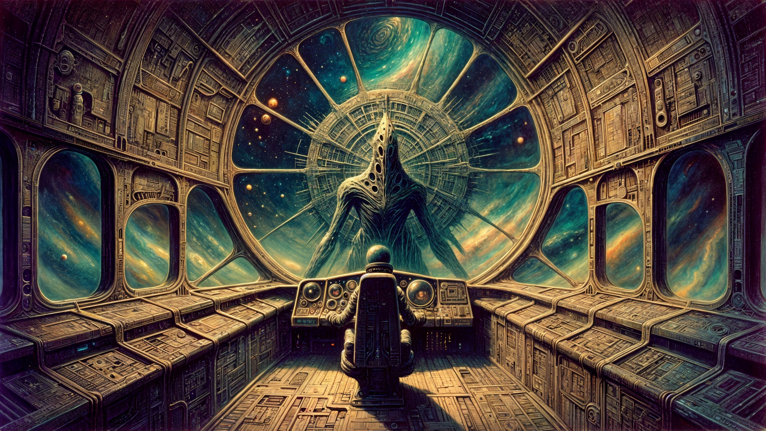 Futuristic Spaceship Control Room with Cosmic View