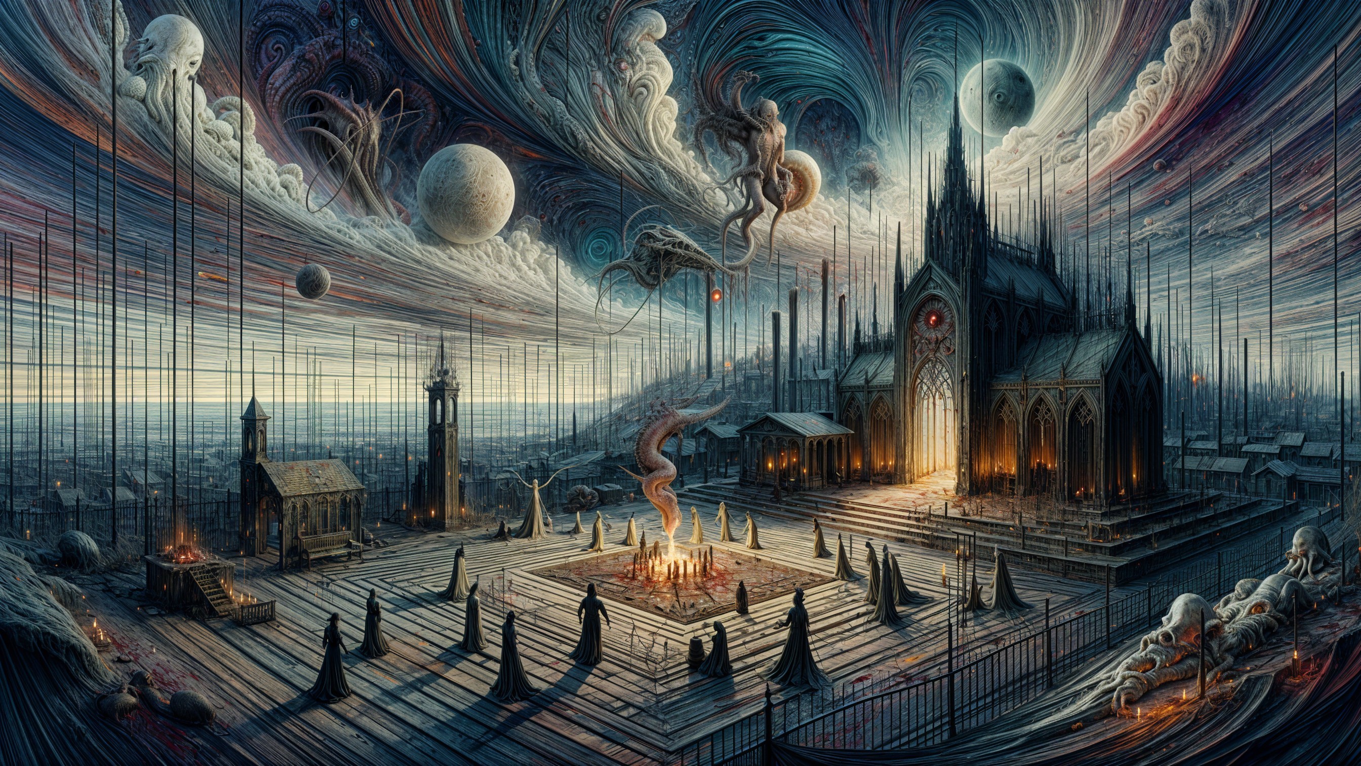 Surreal Cosmic Landscape with Gothic Cathedral and Nebulae