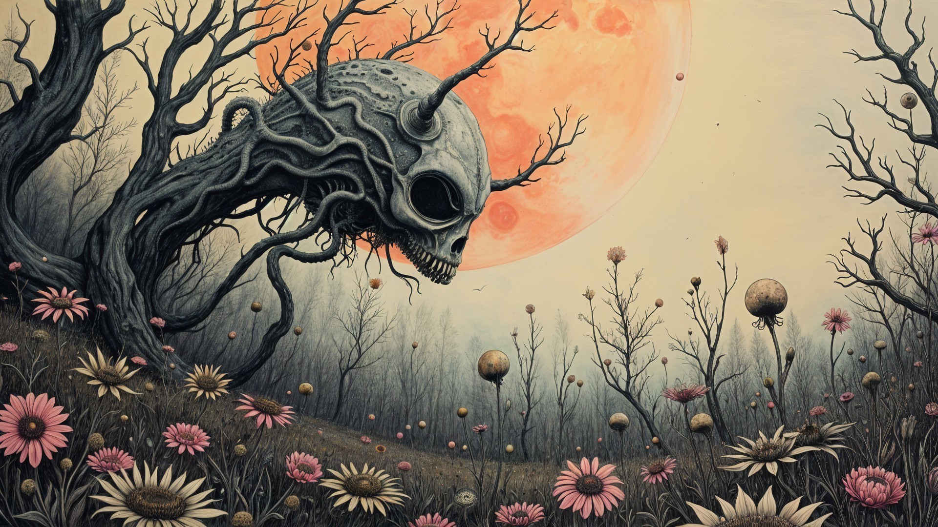 Haunting Landscape with Skull and Orange Moon