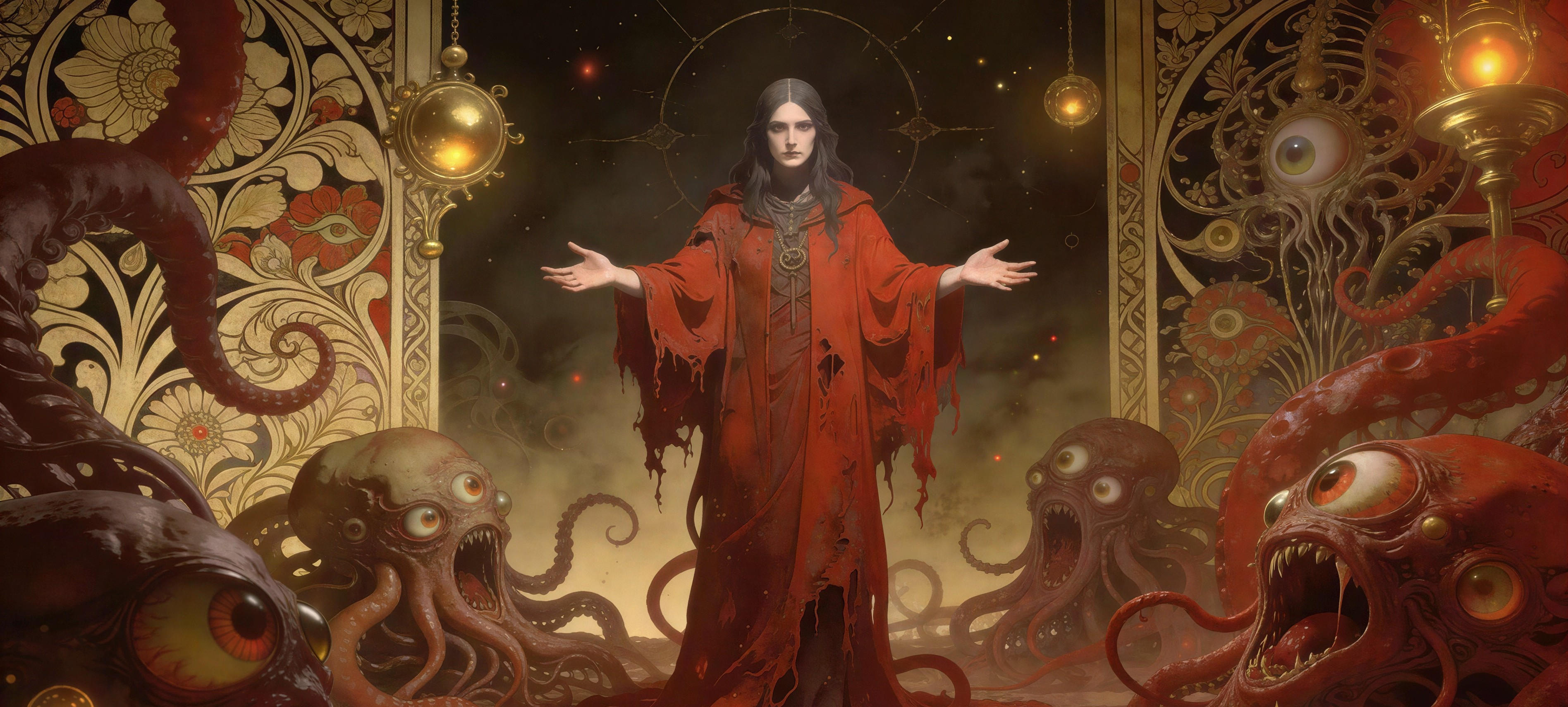 Horror-Themed Digital Painting of Woman and Creatures