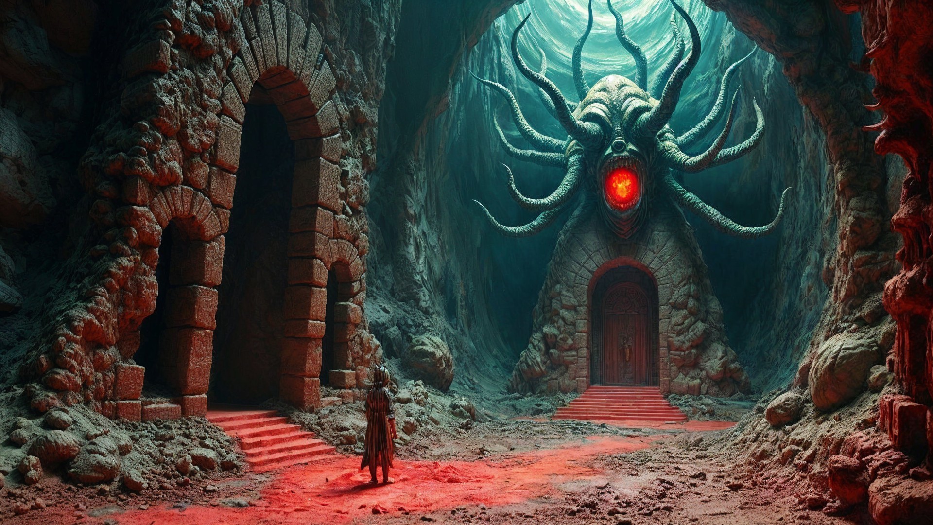 Cavernous Lair with Colossal Octopus Creature
