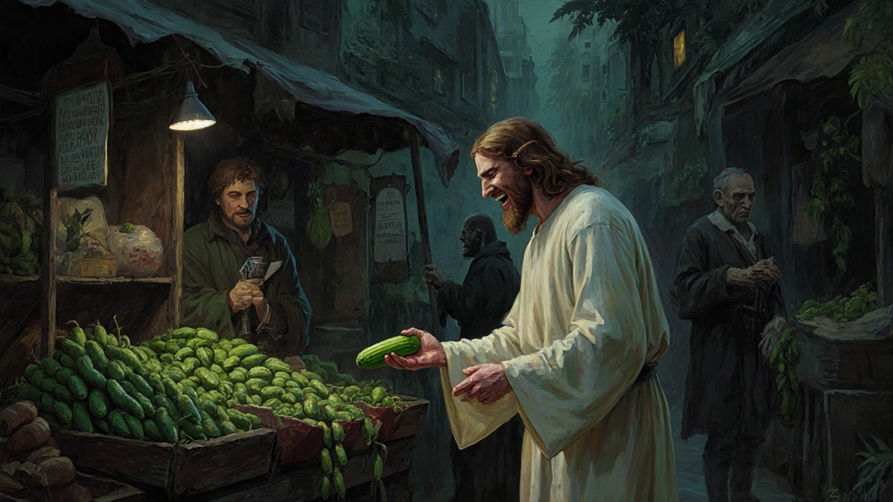 Religious Leader Examines Cucumber in Market Street