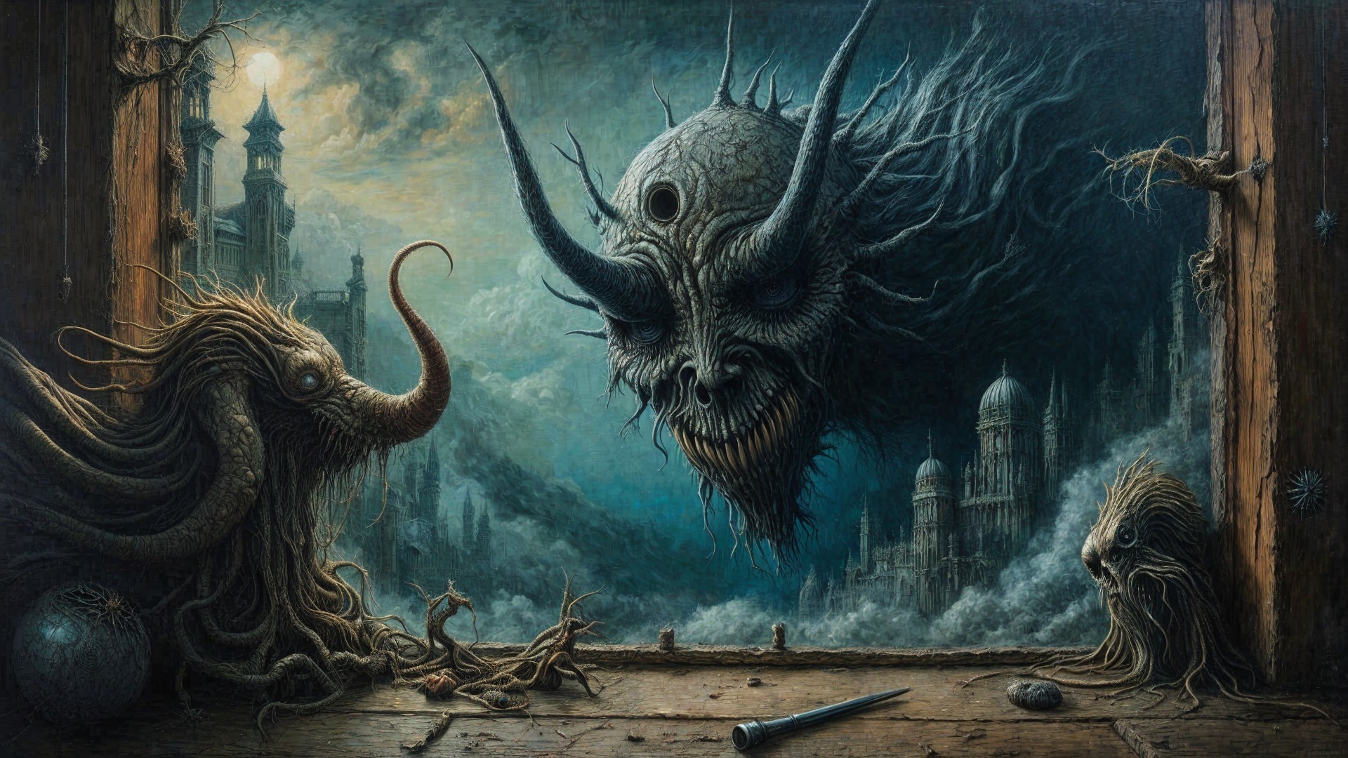 Surreal Dark Landscape with Monstrous Face and Architecture