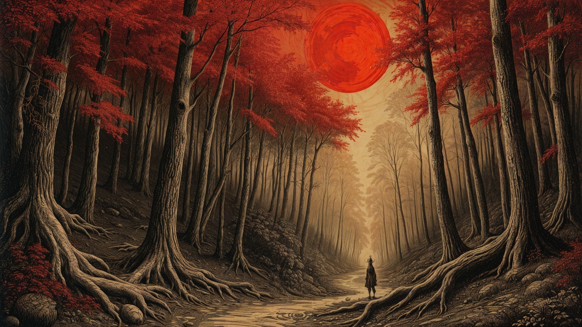 Surreal Forest Path with Vibrant Red Leaves at Dusk