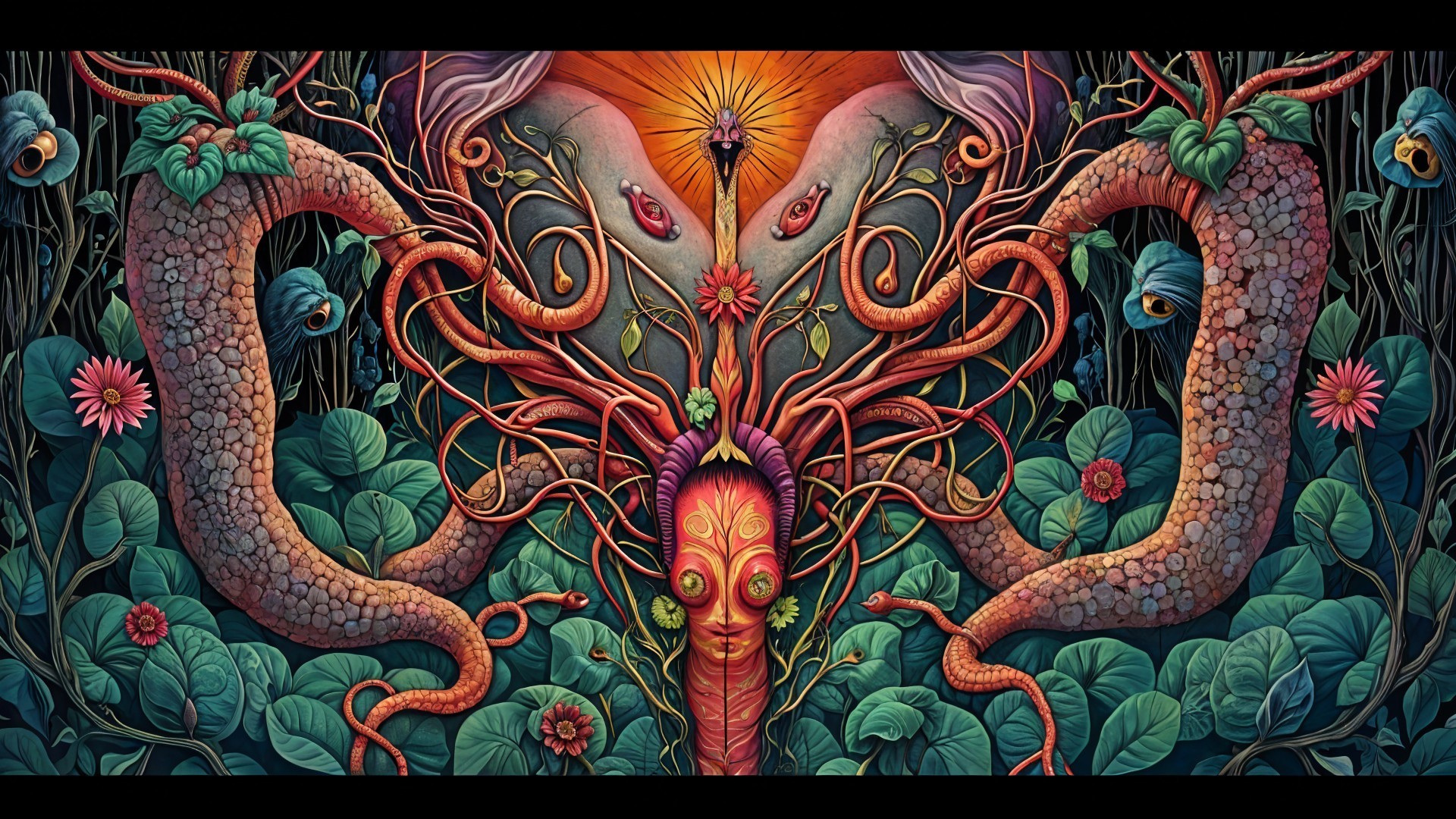 Surreal Composition of Plants and Mystical Face