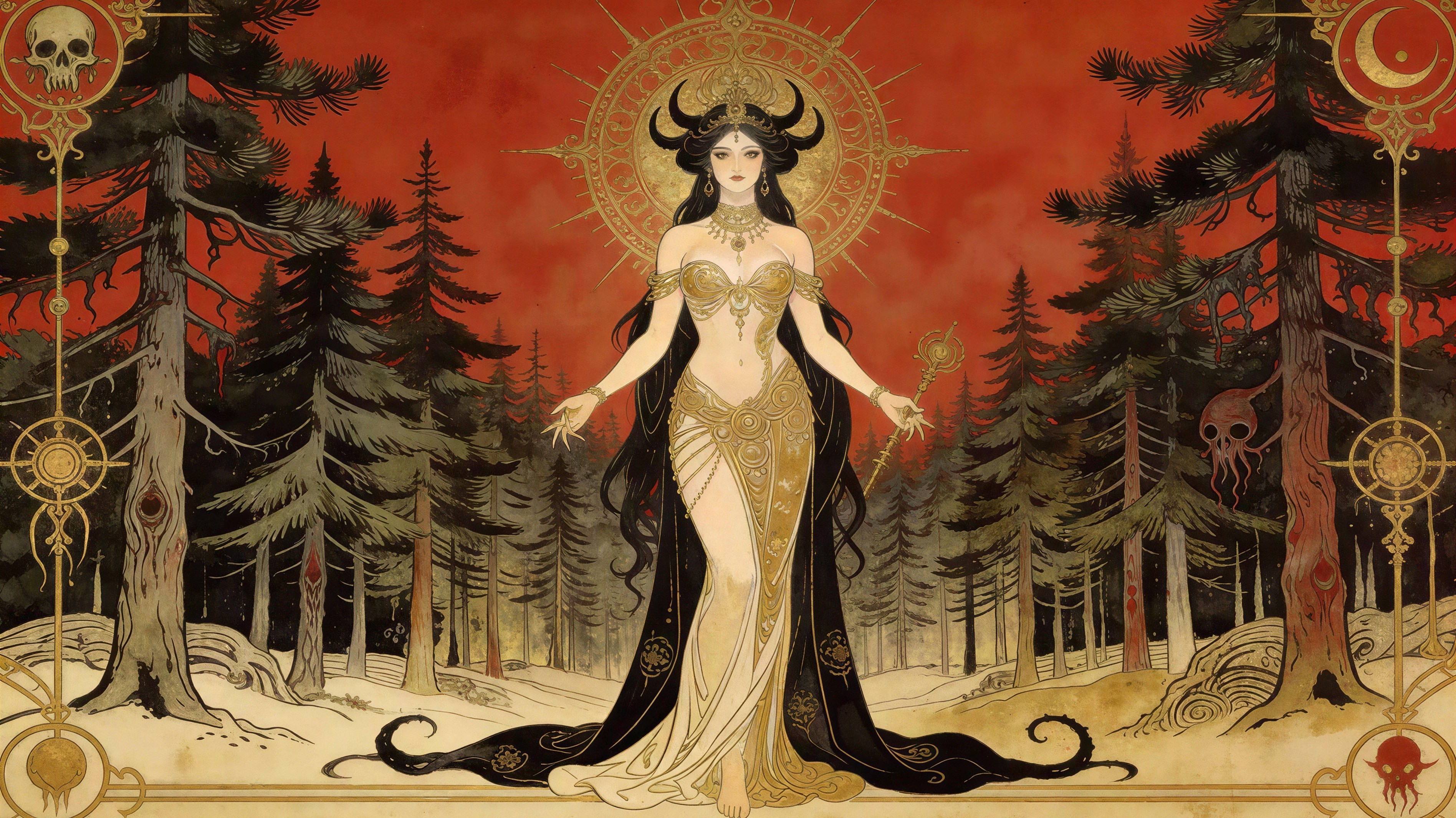 Goddess-like Woman in Ornate Dress in Pine Forest