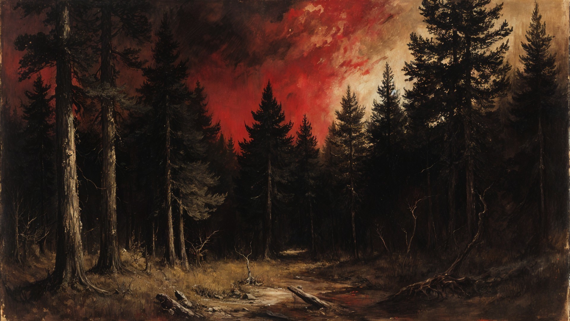 Dark Forest Scene with Pine Trees and Colorful Sky